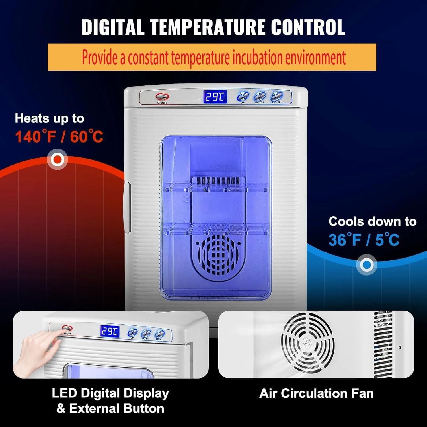 Incubadora de reptiles, incubadora digital de laboratorio con control de temperatura de 5 °C a 60 °C, ideal para huevos de reptiles y reptiles pequeños, características de refrigeración y calefacción