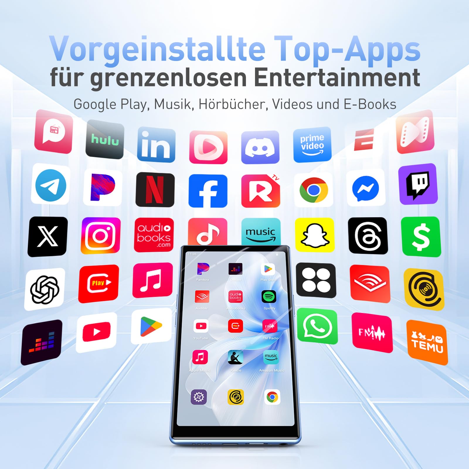 AGPTEK 128GB MP3 Player mit Bluetooth und WLAN, 5 Zoll HD-Touchscreen | Android 13 Musik Player mit Spotify, Audible, Amazon Music, YouTube, MP4-Player für Kinder bis zu 1 TB, Blau