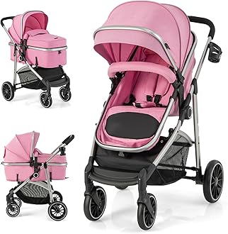 BABY JOY 2 in 1 Convertible Baby Stroller, High Landscape w/Reversible Seat, Removable Footmuff, Adjustable Backrest & Canopy, Foldable Infant Pram Stroller for 0-36 Months Babies, Pink