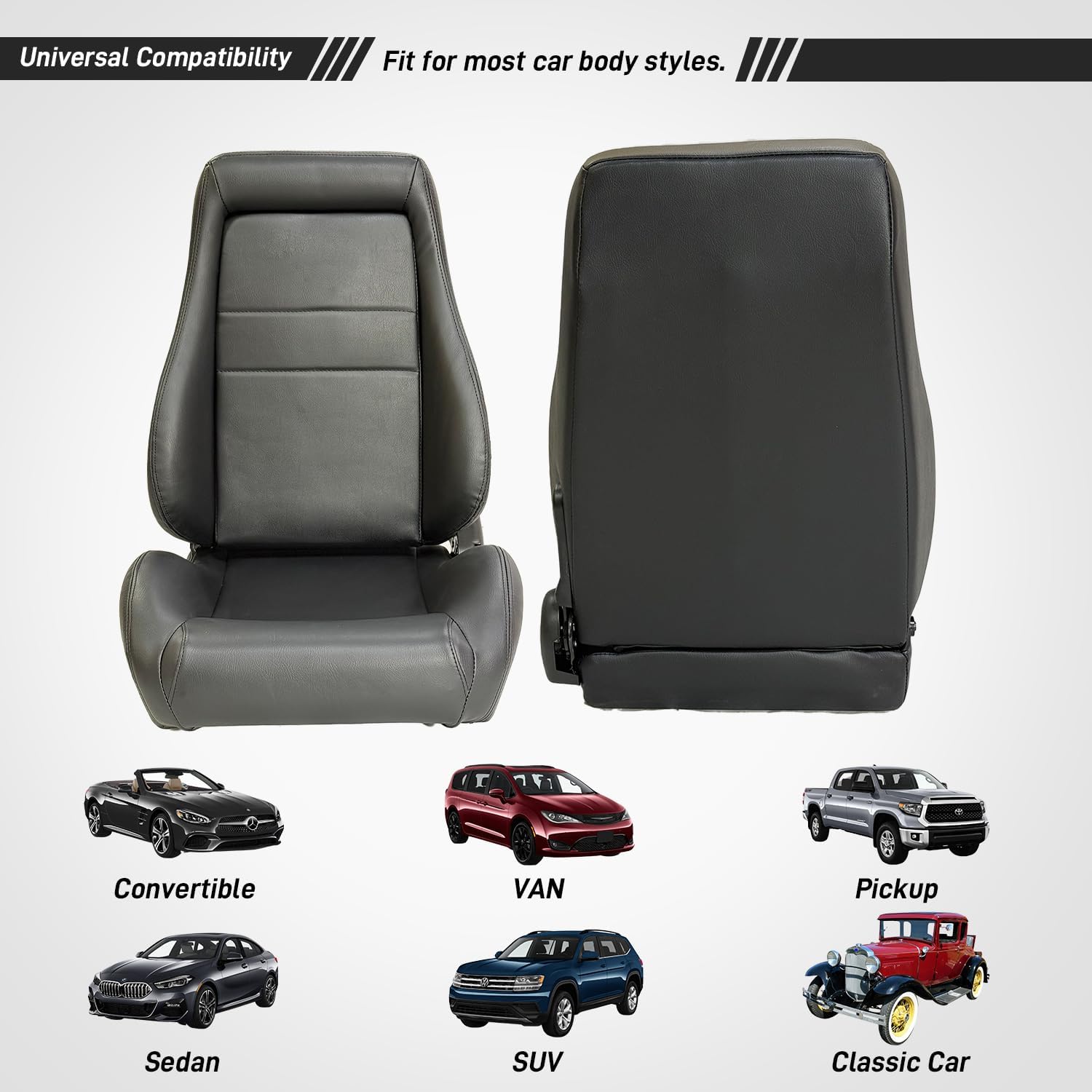 Universal Racing Seats Bucket Seats Reclinable Car Seats Adjustable Sport Seats PU Leather with Sliders 2 pcs (Black, 29.3"×21.5"×22.2")