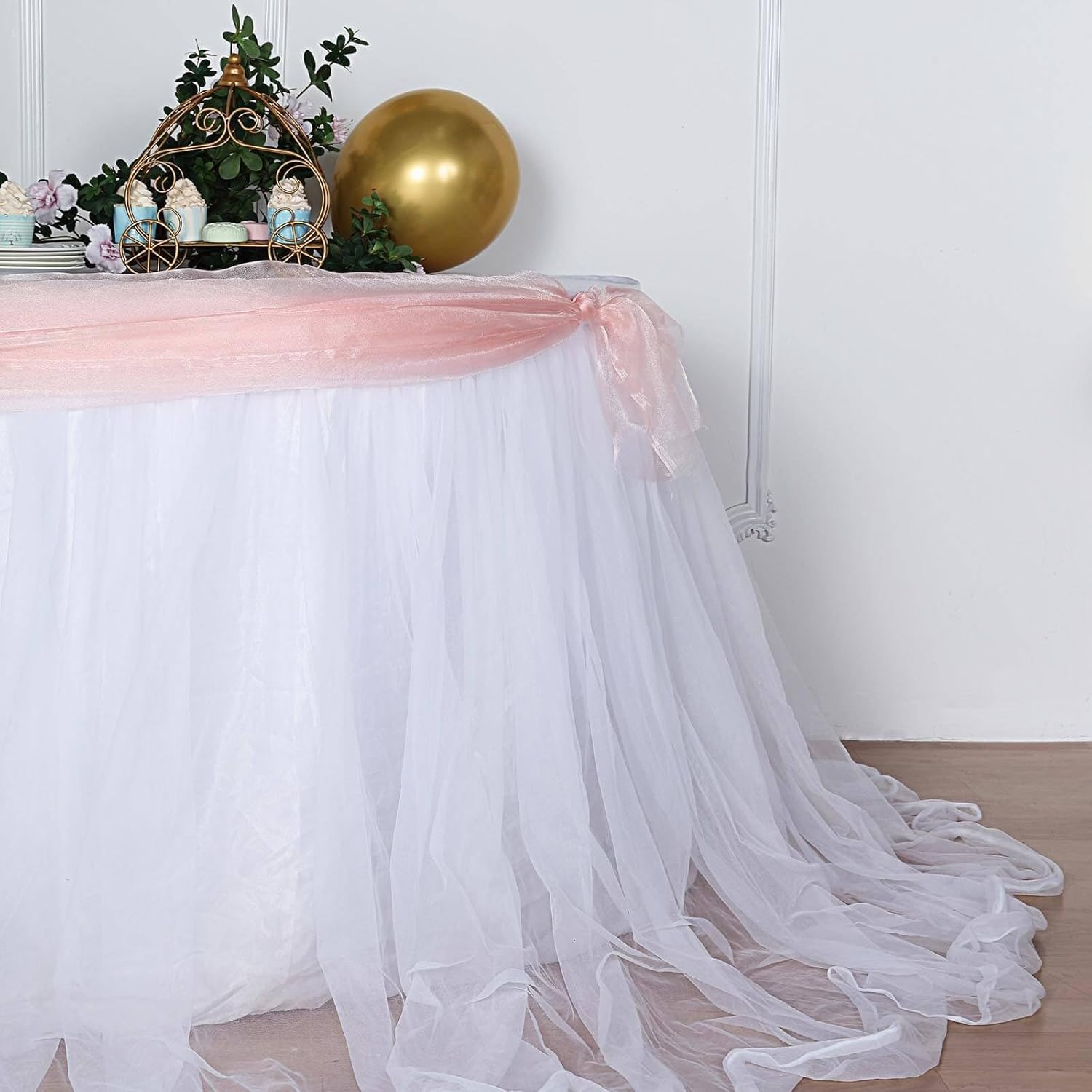 Efavormart 14Ft White Extra Long 48" Two Layered Tulle & Satin Table Skirt for Wedding Party Decoration