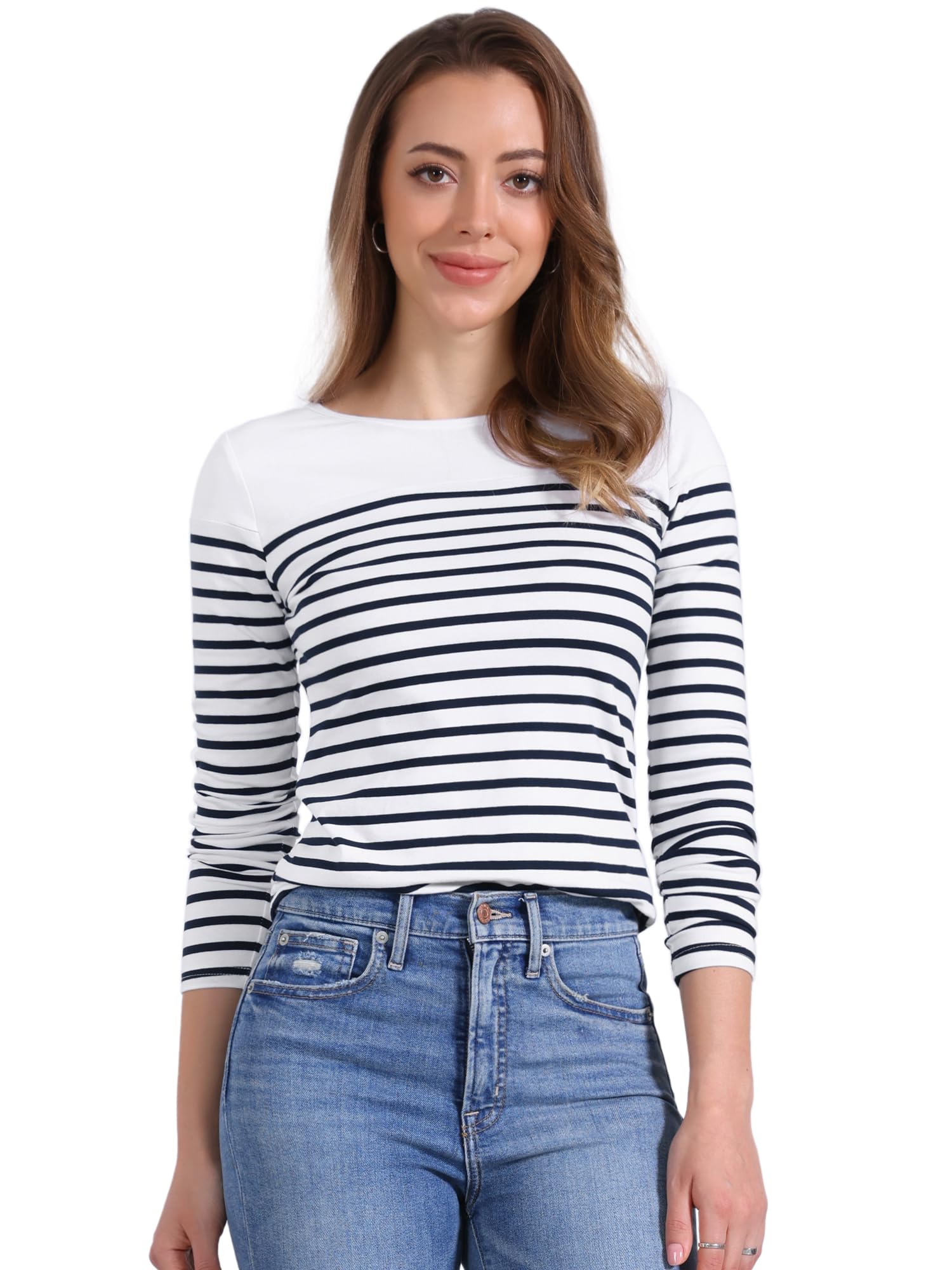 Allegra K Women's Striped Top Long Sleeve Round Neck Tops Trendy Casual Striped Shirts