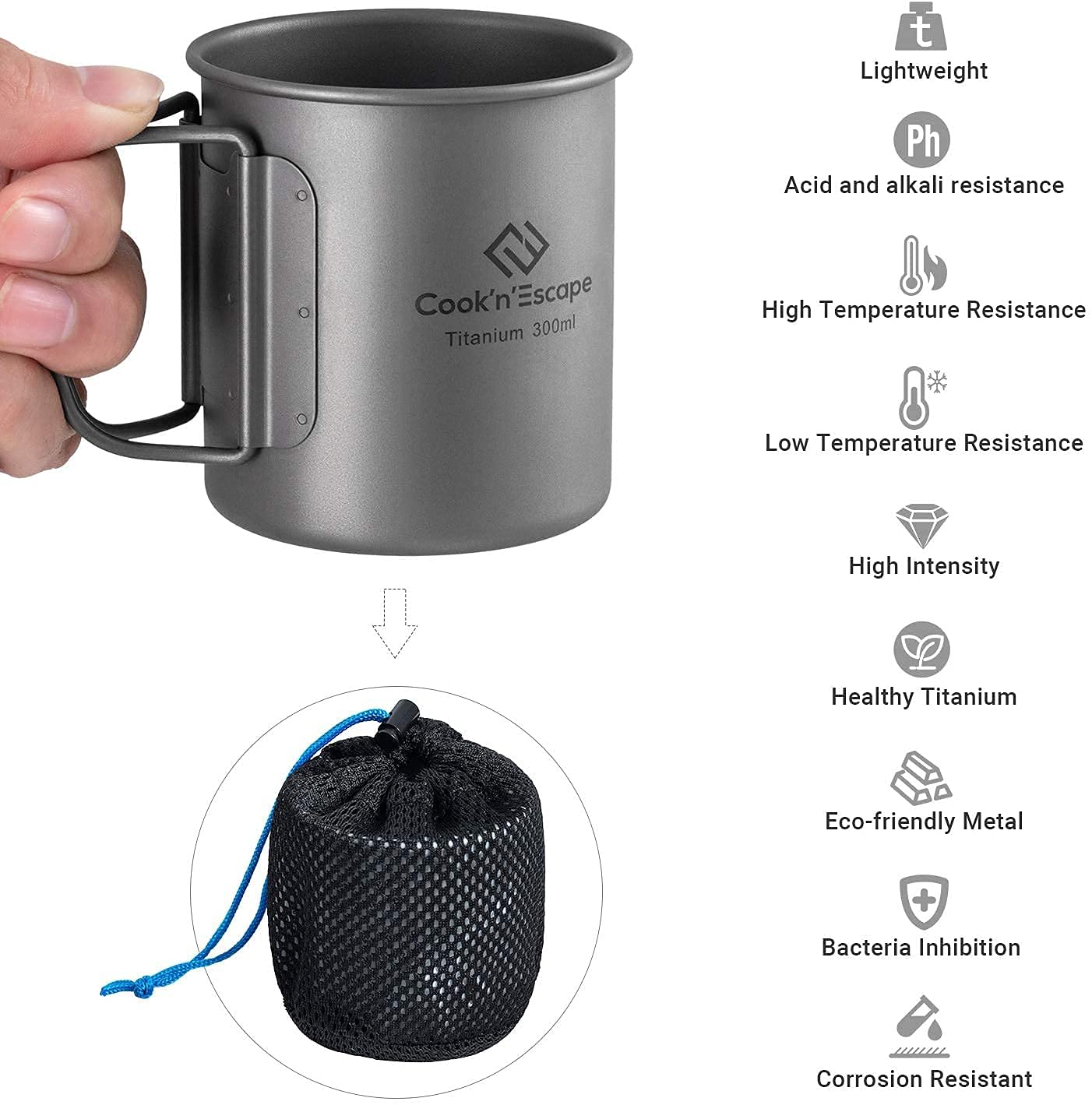 Tasse Titanium 300ml Avec Couvercle - Ultra Légère 70g - Pour Randonnée/Camping - Résiste à 220°C