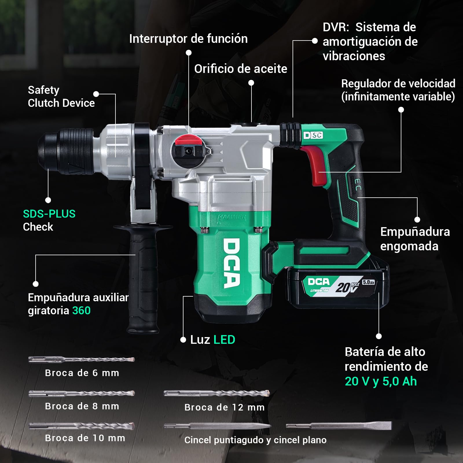 DCA Martillo Perforador sin Cable 20V, 4.5 J de Energía de Golpe y 3800 BPM, 4 Piezas 28mm SDS-Plus, Motor de Alto Rendimiento para Martillo Perforador sin escobillas, Batería 5.0Ah, Cargador Rápido 4
