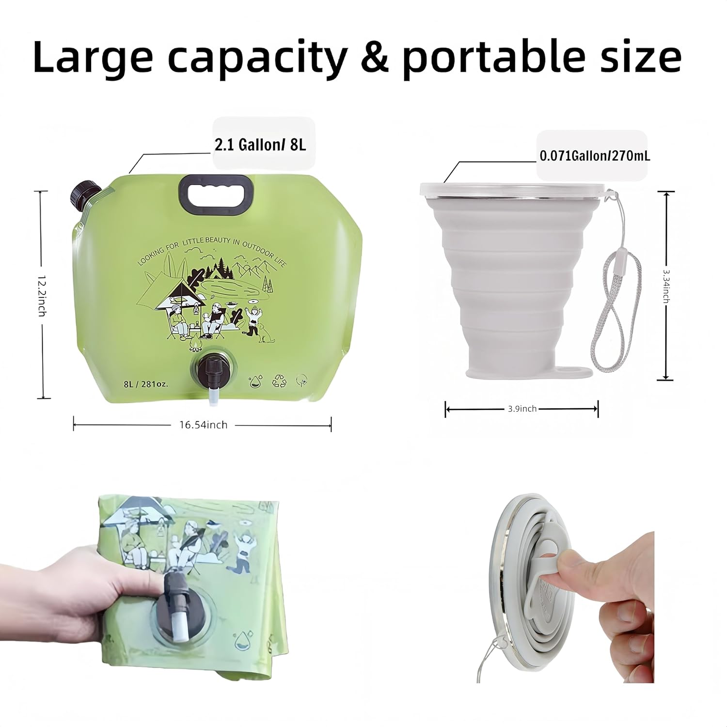 3Pack 8L/2.1Gallon Collapsible Water Container Bags and 2 Collapsible Cup,BPA Free Water Storage Carrier Jug with Spigot,Reusable Portable Mugs Cups for Travel, Camping,Outdoor Sports(Green)