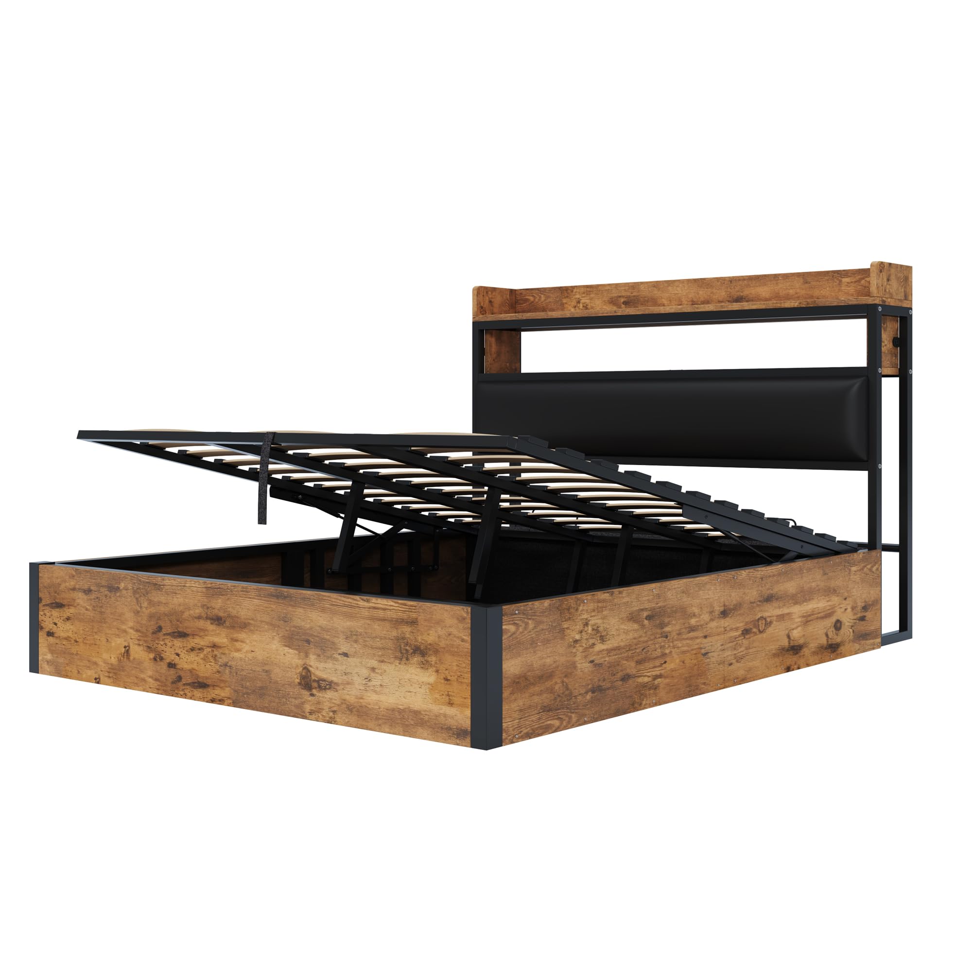 Letto 180 x 200 con sollevamento idraulico, USB, testata imbottita, design vintage in legno e metallo, spazio di archiviazione nascosto per letto matrimoniale. Mobili moderni per camera da letto