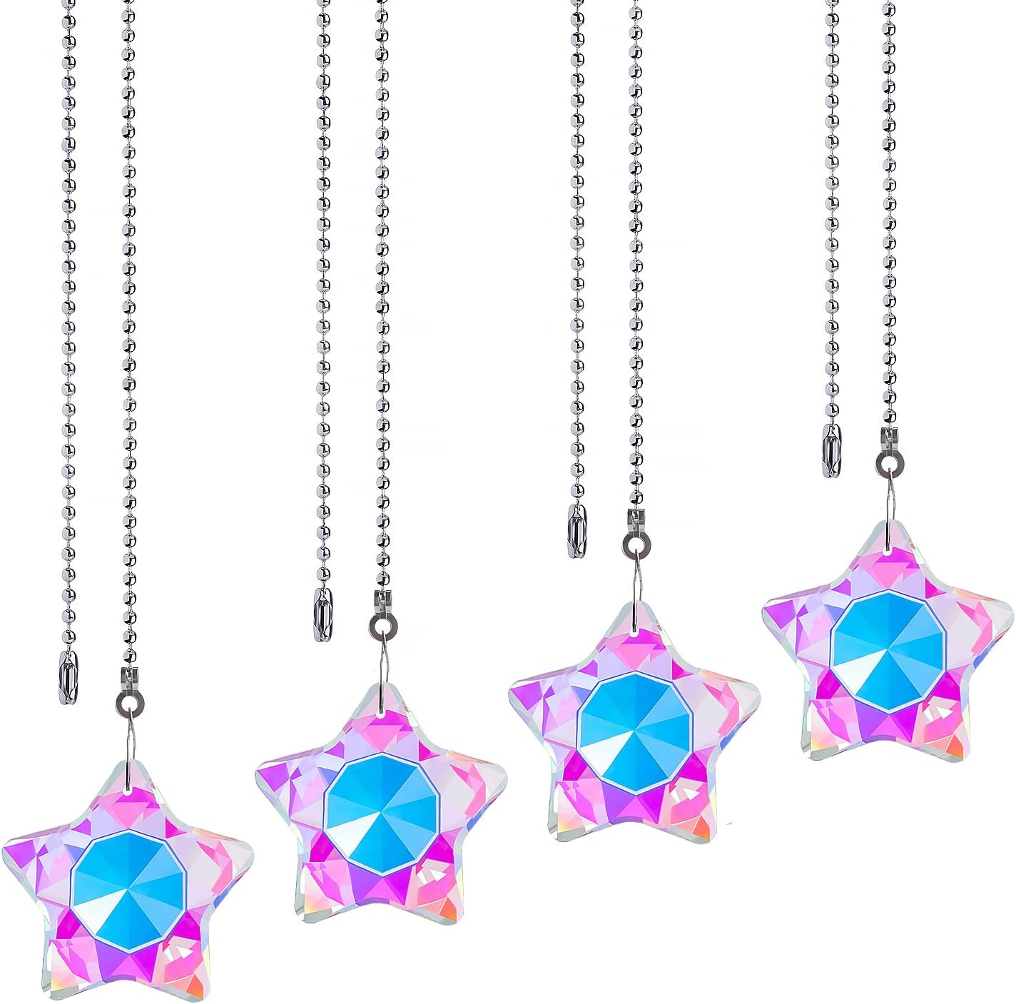 LONGSHENG - SINCE 2001 - 4 Pack Silver Ceiling Fan Pull Chains, Crystal Prisms Ornaments Pull Chains for Ceiling Fans and Lights, Decorative Fan Pulls Extenders with Connector
