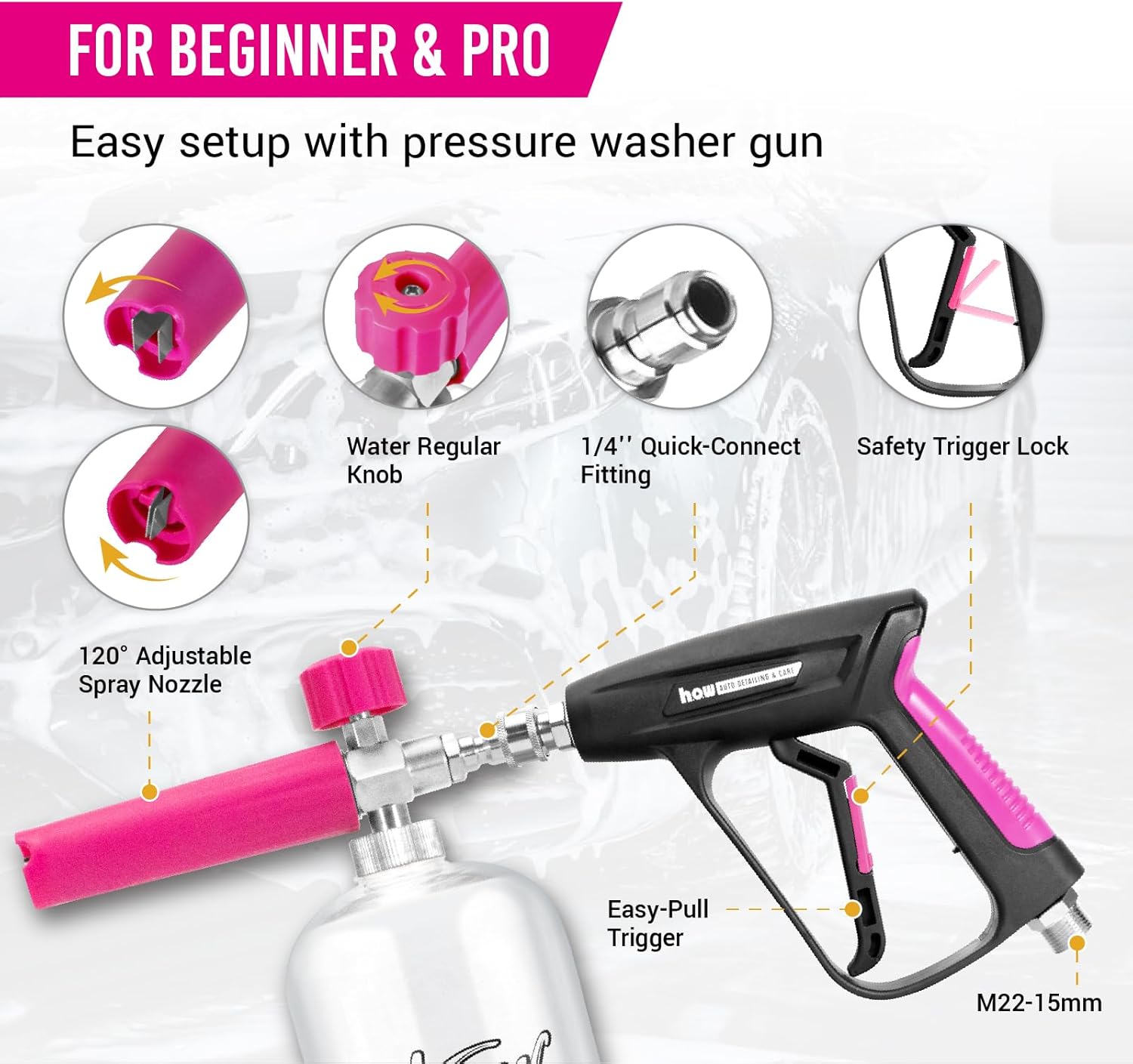 H.O.W DETAILING Short Pressure Washer Gun Kit with 1L Snow Foam Cannon, Foam Gun Car Wash Sprayer, 5 Nozzle Tips & 1/4'' Quick Connector
