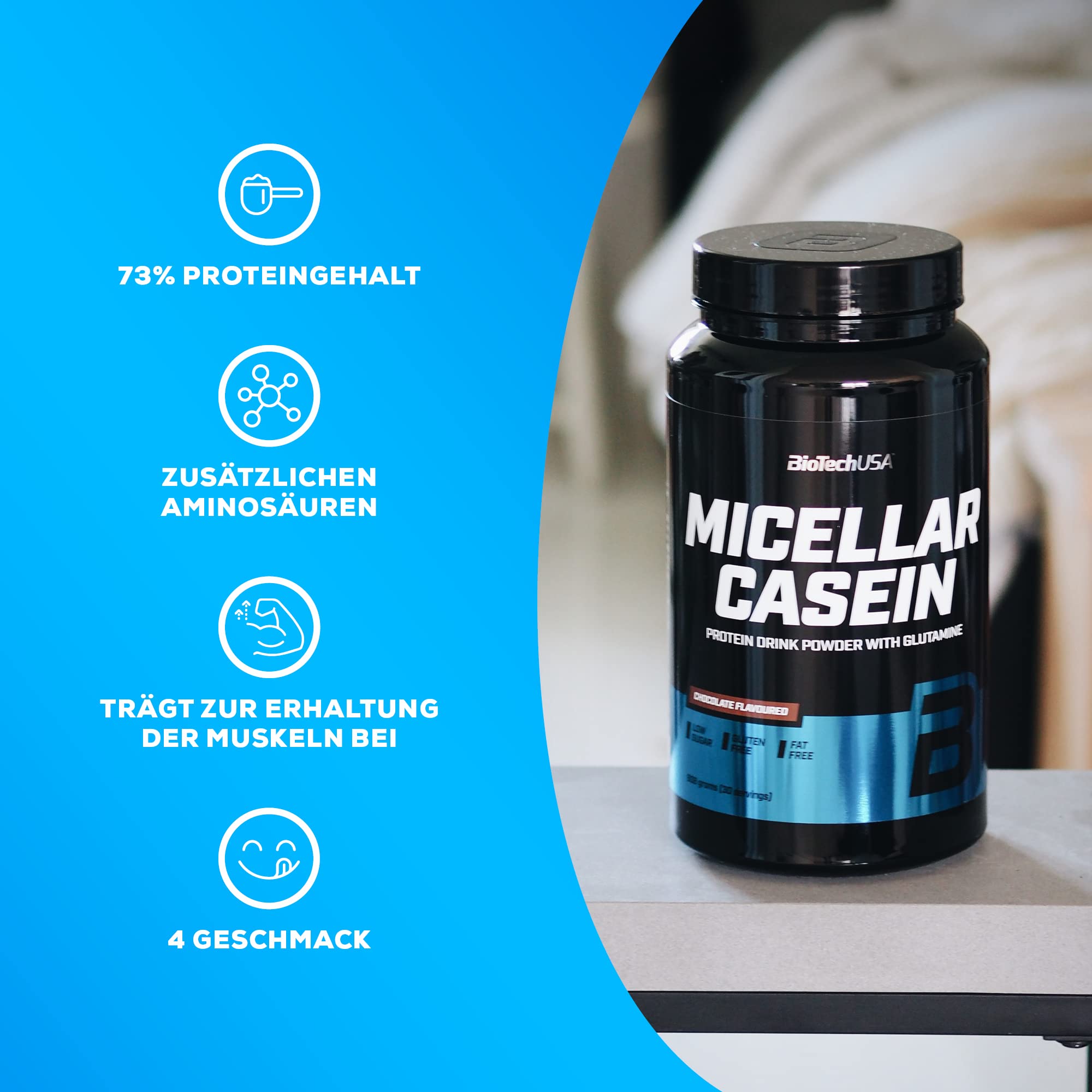 BioTechUSA Micellar Casein | Mit mizellarem Casein | Zusatz von L-Glutamin | Langsam resorbierendes Casein | Niedriger Zuckergehalt | Glutenfrei | 18g Eiweiß pro Portion | 908 g, Schokolade