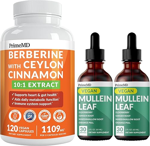 Suplemento de berberina 21 en 1 con cromo de canela de Ceilán, melón amargo y extracto de té verde (120 unidades) y gotas de gordolobo 5 en 1 para