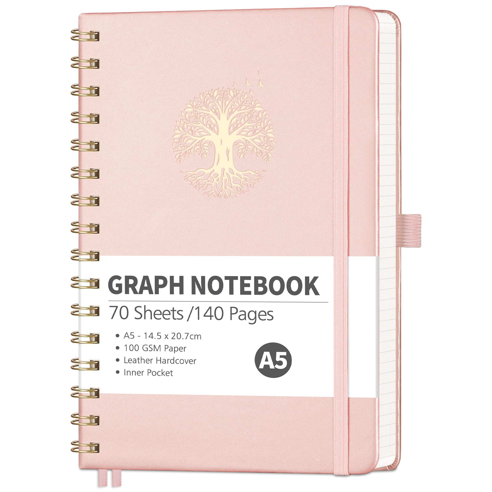 RETTACY A5 Spiral Notebook, Graph Journal, 140 Pages, Rosegold