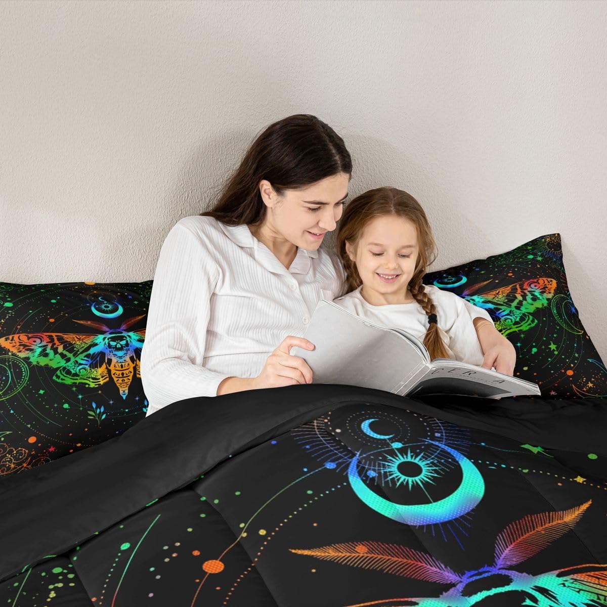 jejeloiu Moth Comforter Set Full Size Kids Gothic Skull Comforter for Boys Girls Teens Colorful Sun Moon Bedding Set Breathable Galaxy Duvet Set Room Decor Quilt Set Bedclothes image 4