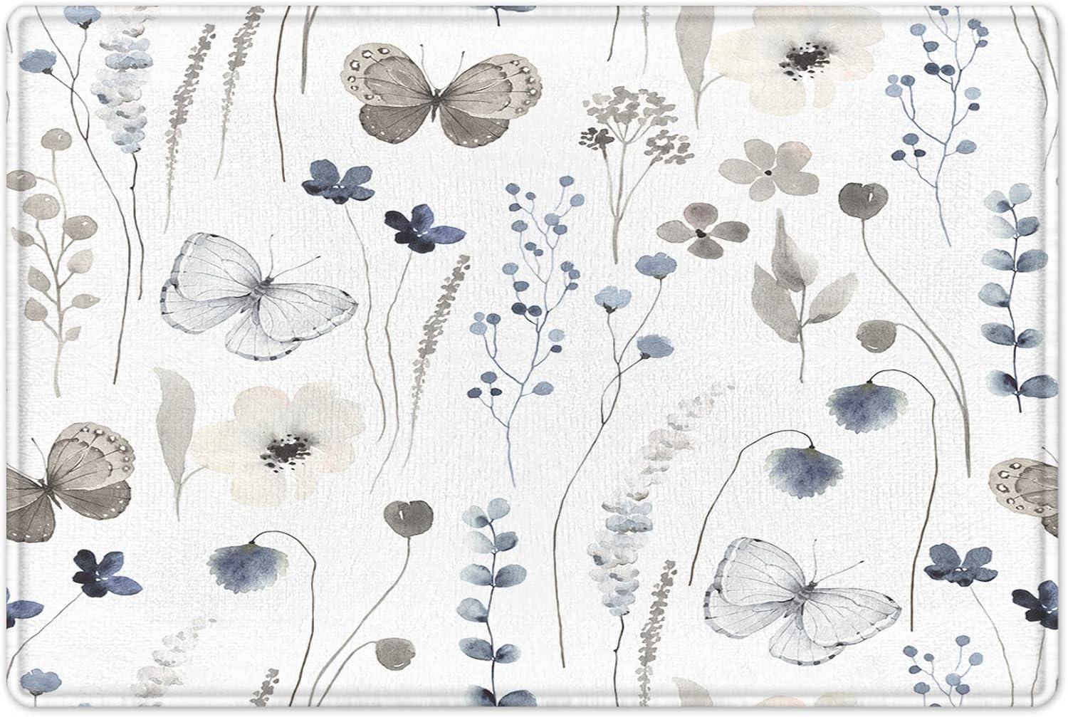 Grey Butterfly Shower Curtain Sets with Rugs Vintage Watercolor Blue Floral and Eucalyptus Leaf Fabric Shower Curtain with Hooks Spring Nature Floral PlantBathroom Curtains Shower Set, 72x72 inches