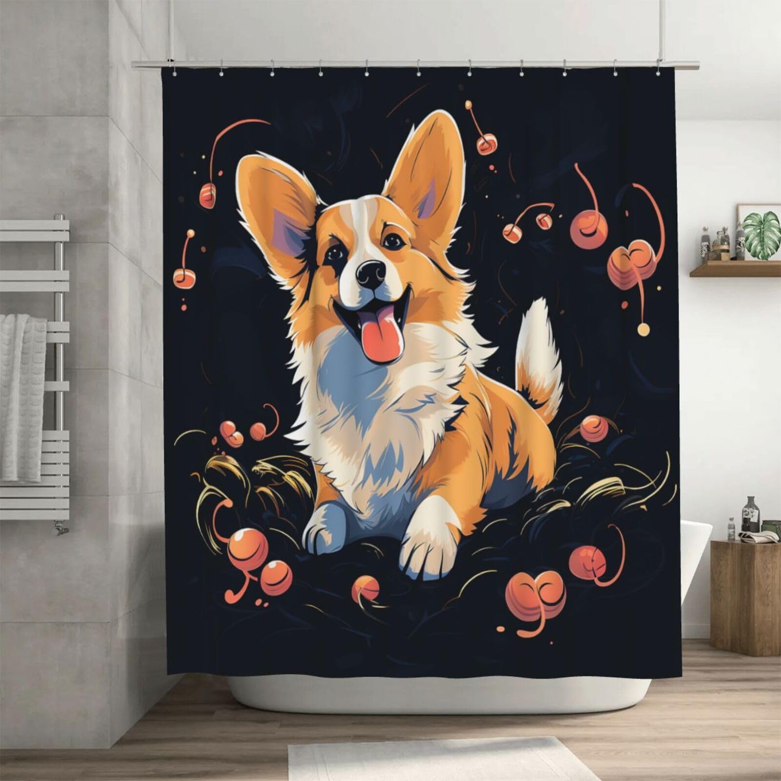 Rideau de douche motif chien Corgi résistant et étanche avec anneaux inclus