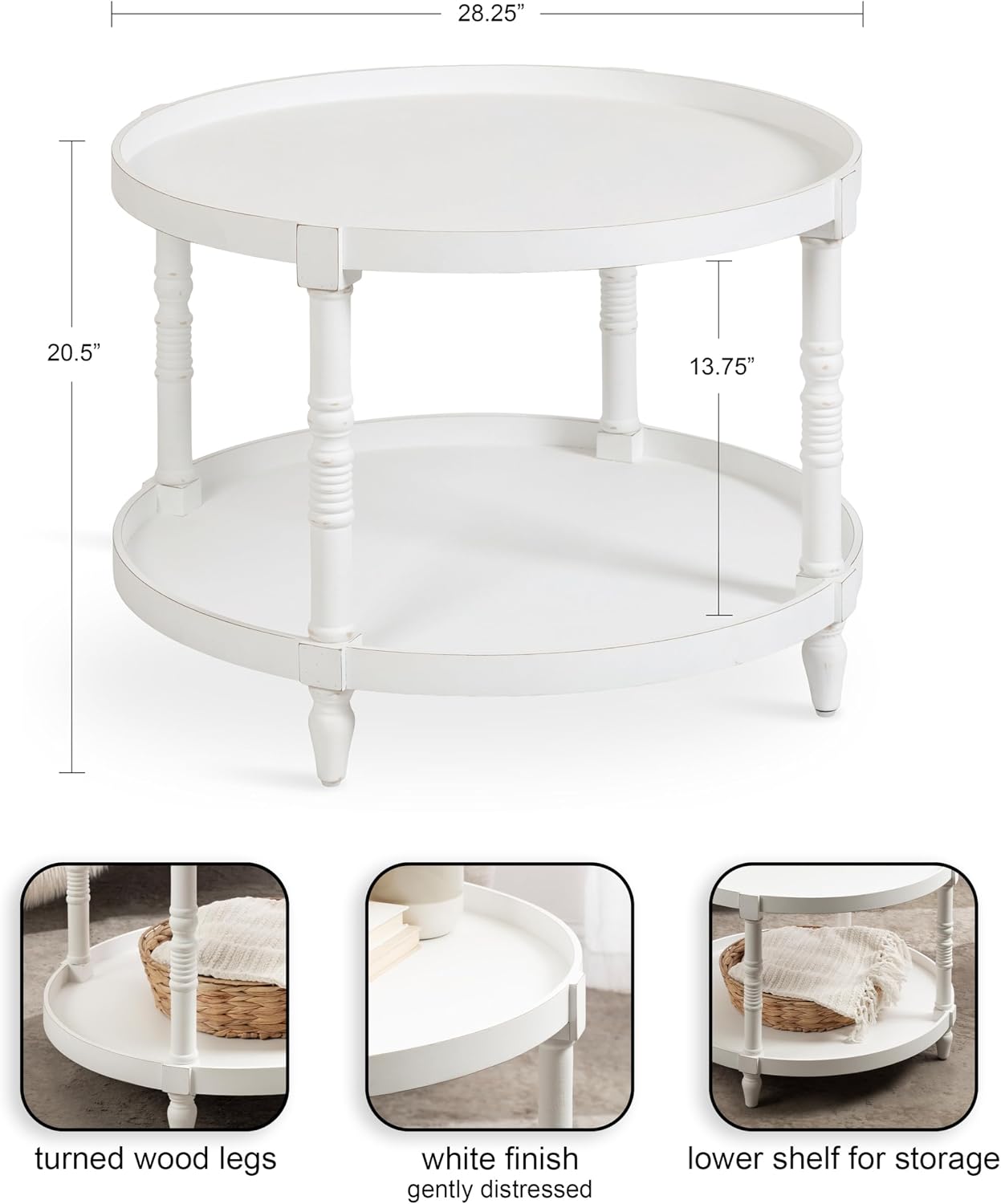 Kate and Laurel Bellport Tiered Round Coffee Table; 29 x 29 x 21; White; Traditional Two-Tier Circle Living Room Table with Storage and Resilient Wood Construction
