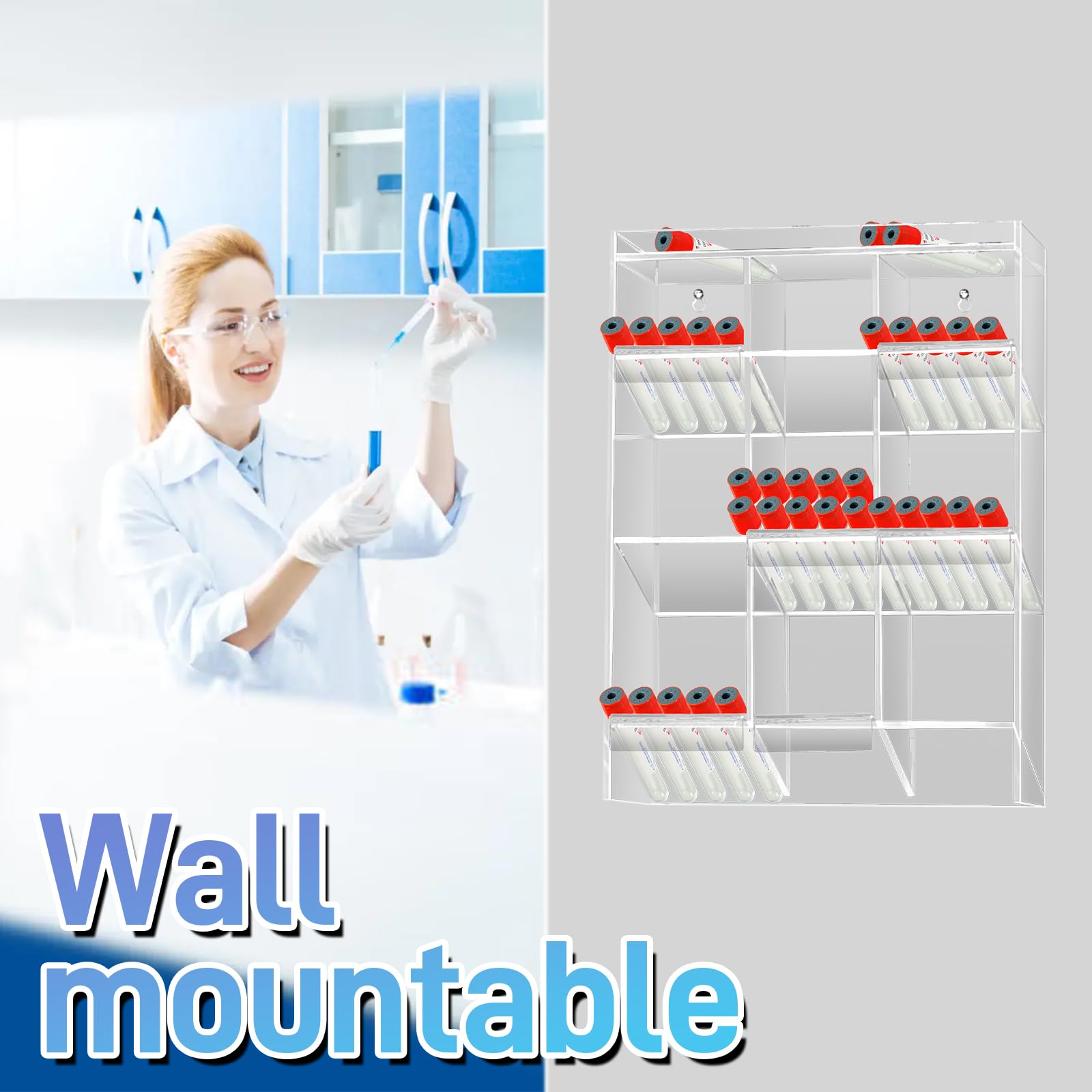 Porte-tubes en acrylique transparent pour montage mural et comptoir avec matériel de suspension, 9 compartiments pour l'industrie alimentaire et les cliniques, hôpitaux, 40,6 x 30,5 x 14 cm