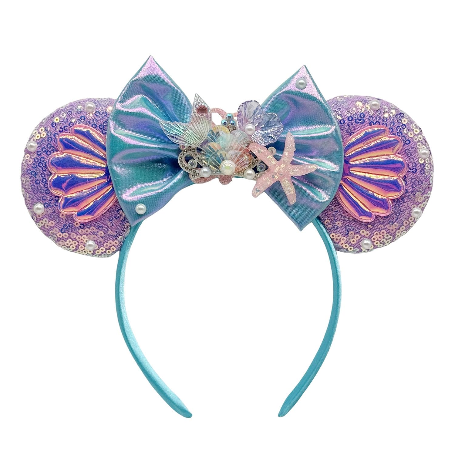 WW-WONDERFULWORLD Mouse Ears Headbands With Shiny Sequins & Diamonds & Shell & Pearl Decoration, for Glitter Costume Cosplay Party, Purple+Blue; HYZL