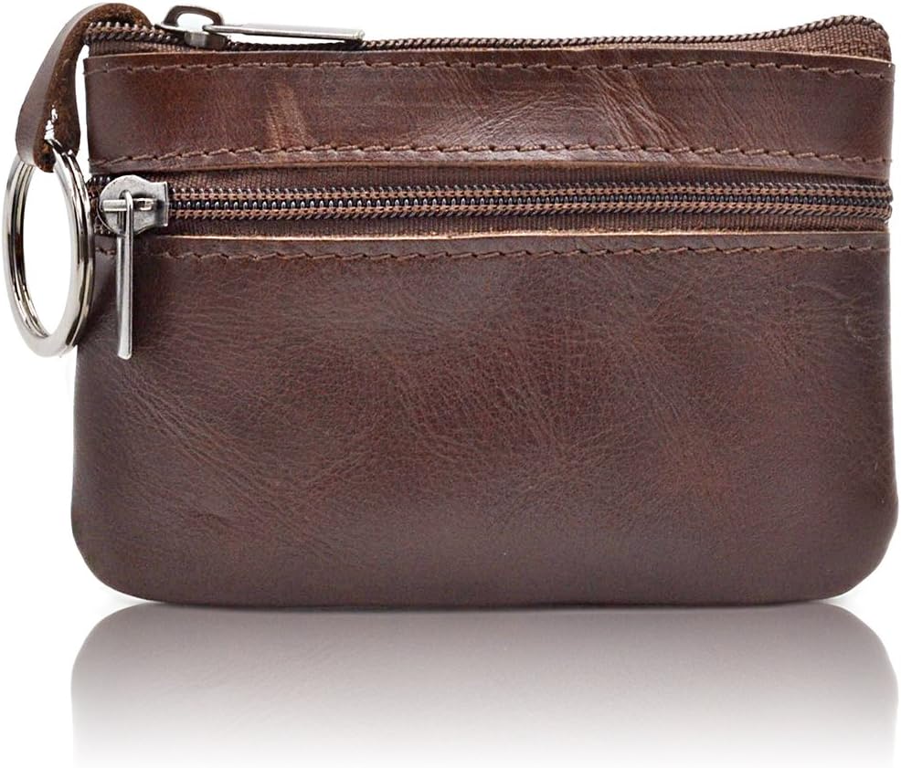 Women Genuine Leather Coin Pouch Zip Mini Purse Wallet Key Chain Double Zipper