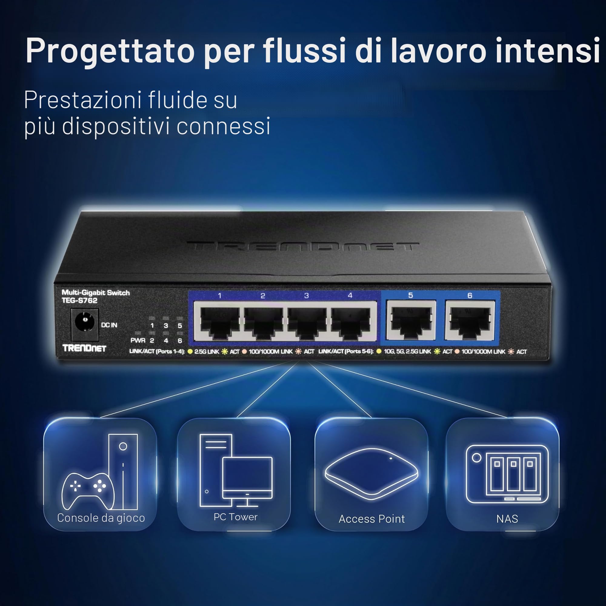 TRENDnet TEG-S762 Switch 6 porte 10G, 4 porte RJ-45 Base-T da 2,5 G, 2 porte RJ-45 10G, capacità di commutazione 60 Gbps, montabile a parete, connessioni di rete 10 Gigabit, nero