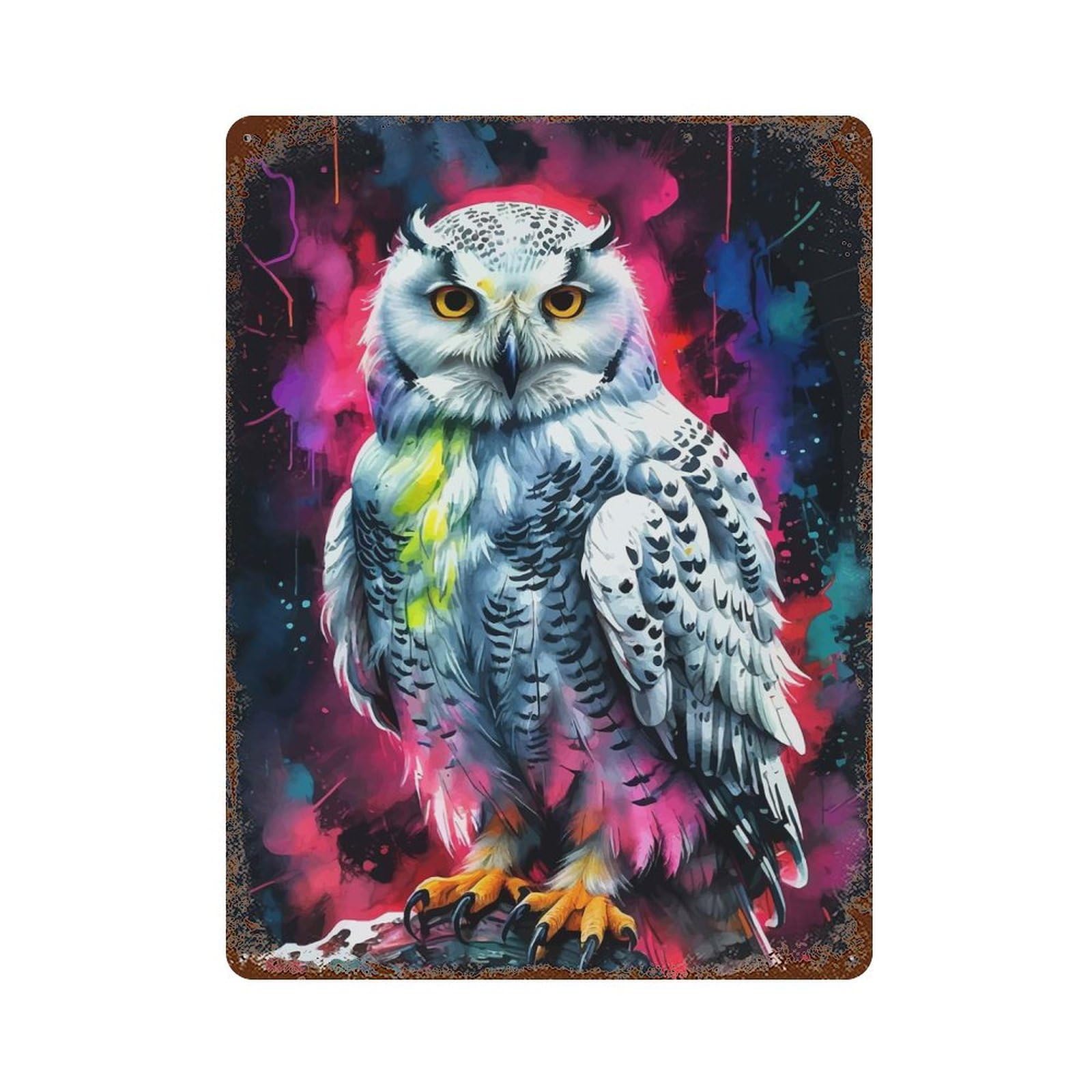 Weathered Tin Sign with Snowy Owl Watercolor Art Design 15.7"x11.8", for Garage, Bar And Workshop Decor, Decorative Metal Wall Art