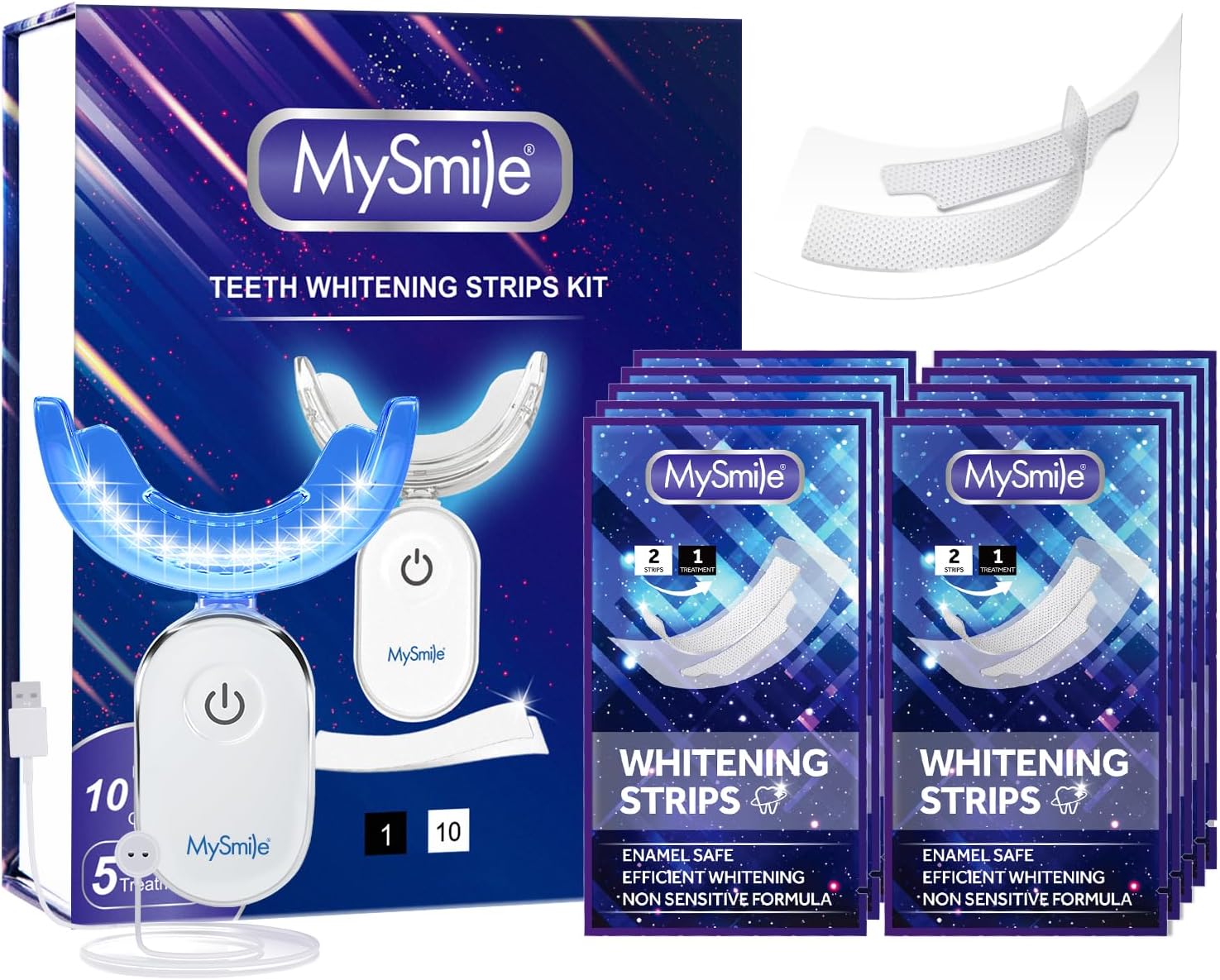 Non-Sensitive 10 Treatment Whitening Strips Kit with LED Light Tray 10 Min Fast Remove Coffee Wine Tobacco 20 Years of Stains Whitening Tooth Care Oral Safe for Enamel
