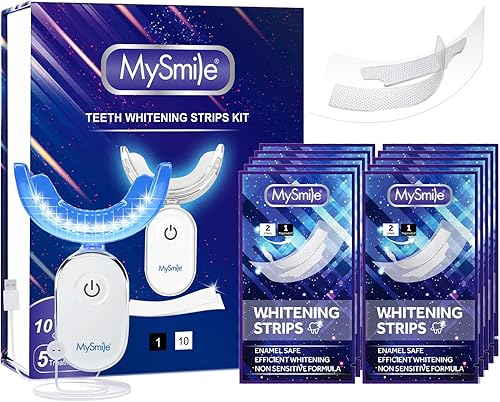 MySmile - Kit de tiras blanqueadoras de dientes sin sensibilidad con luz LED, 10 tratamientos, blanqueamiento en 10 minutos, elimina manchas de