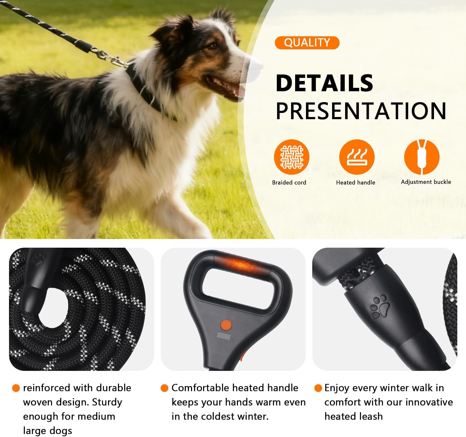 Rrechargeable Heated Dog Leash, Highly Reflective Threads Leash Rope with Rechargeable Hand Warmer for Medium Large Dogs, 1/2 inch - M