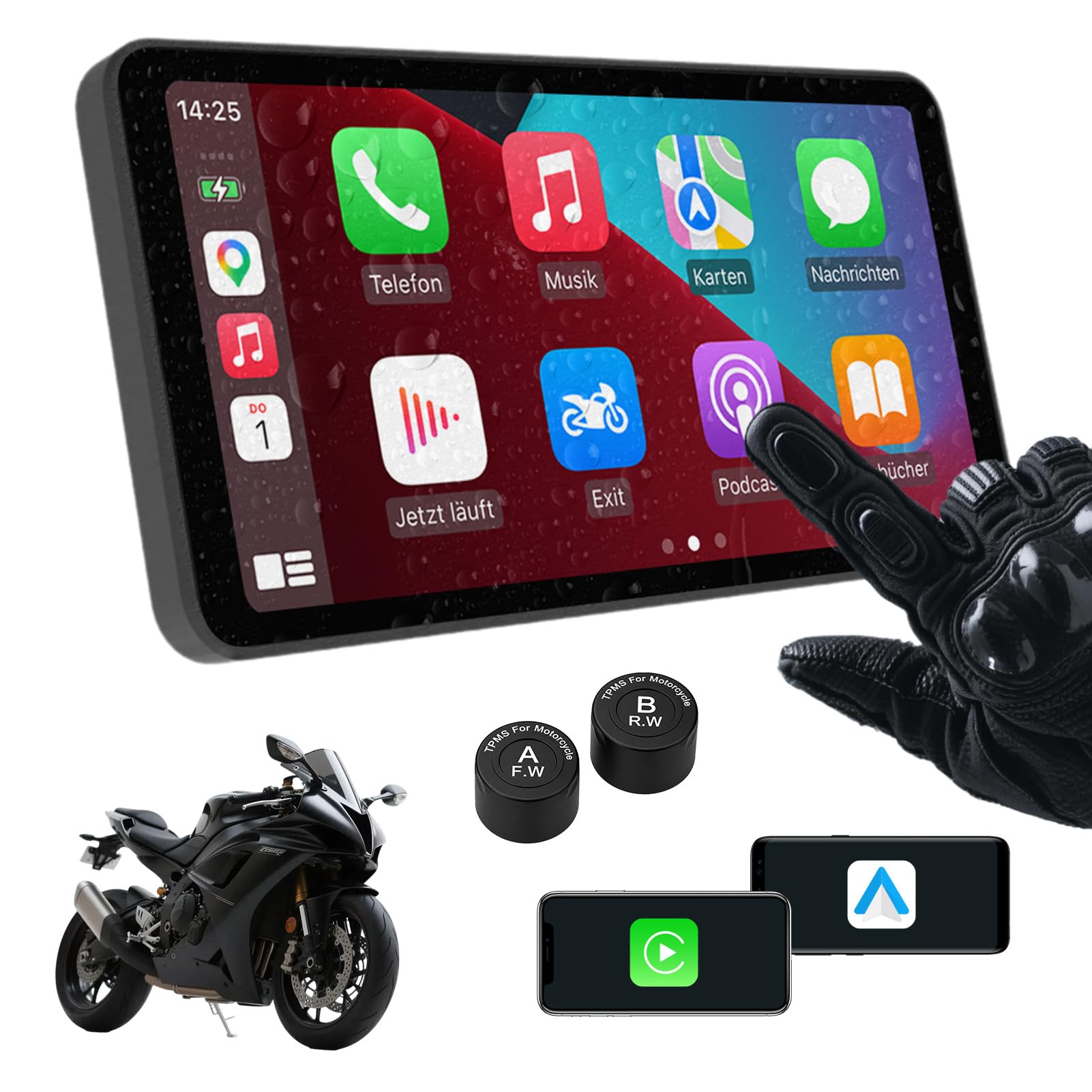 6-Zoll-Motorrad-Smart-Display – Kabelloses CarPlay & Android Auto | Bluetooth-Sprachsteuerung | IP67-wasserdicht | TPMS | HD-Touchscreen | Passend für die meisten Motorräder | OTA-Updates