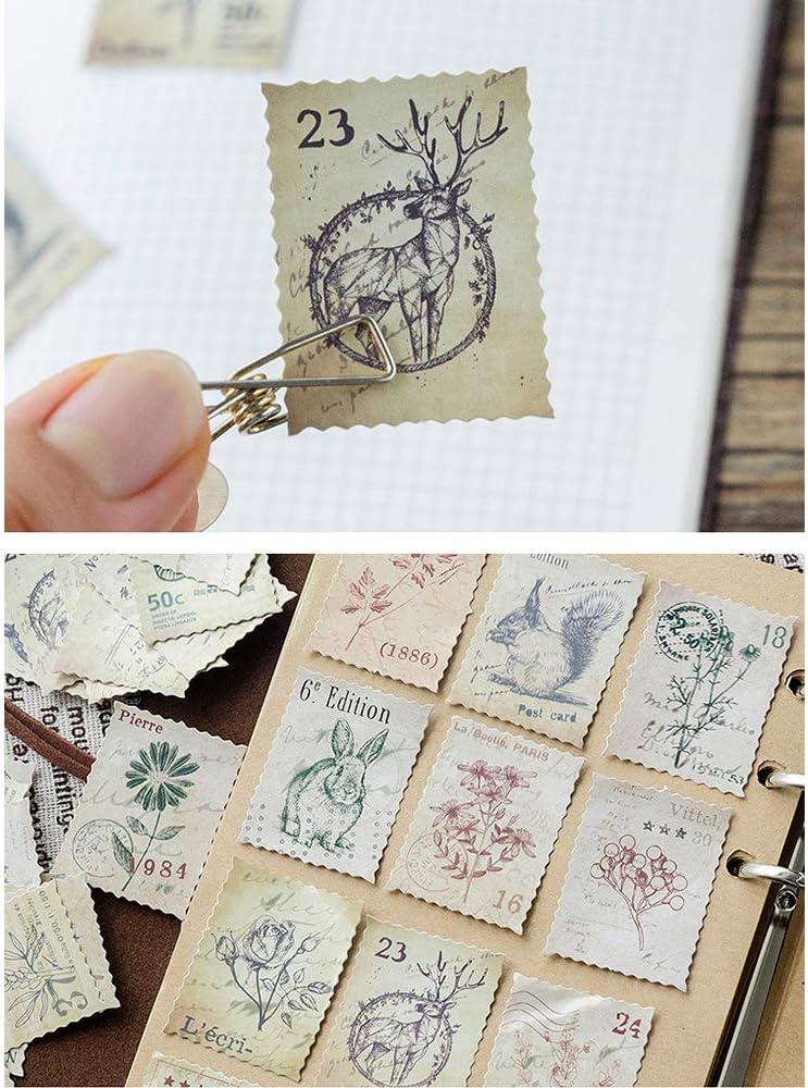 138 Pcs/3 Sets Post Stamp Stickers Retro Cute Plants/Animals Decorative Sticker Square Adhesive Sticker Envelope/Bag Seal by EORTA for Diary Planner Bottles Scrapbook DIY Craft Gift, Forest Theme
