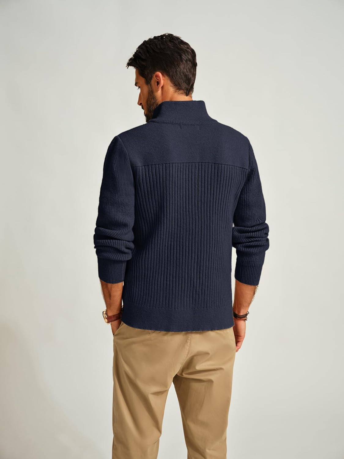 PJ PAUL JONES Men's Full Zipper Cardigan Casual Stand Collar Cardigan Sweater Ribbed Knit Long Sleeve Sweater - Image 2