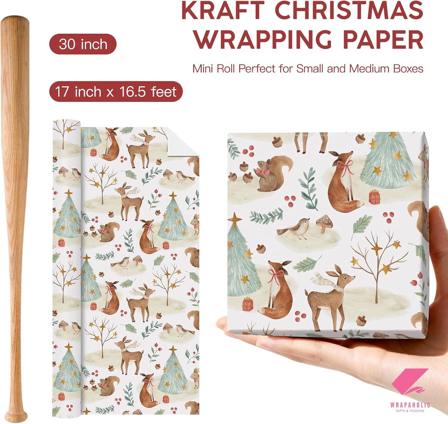 WRAPAHOLIC Kraft Christmas Wrapping Paper - Mini Roll - 17 Inch x 16.5 Feet - Warm Forest Animal Friends and Christmas Tree Wrapping Paper for Holiday, Party Celebration image 3