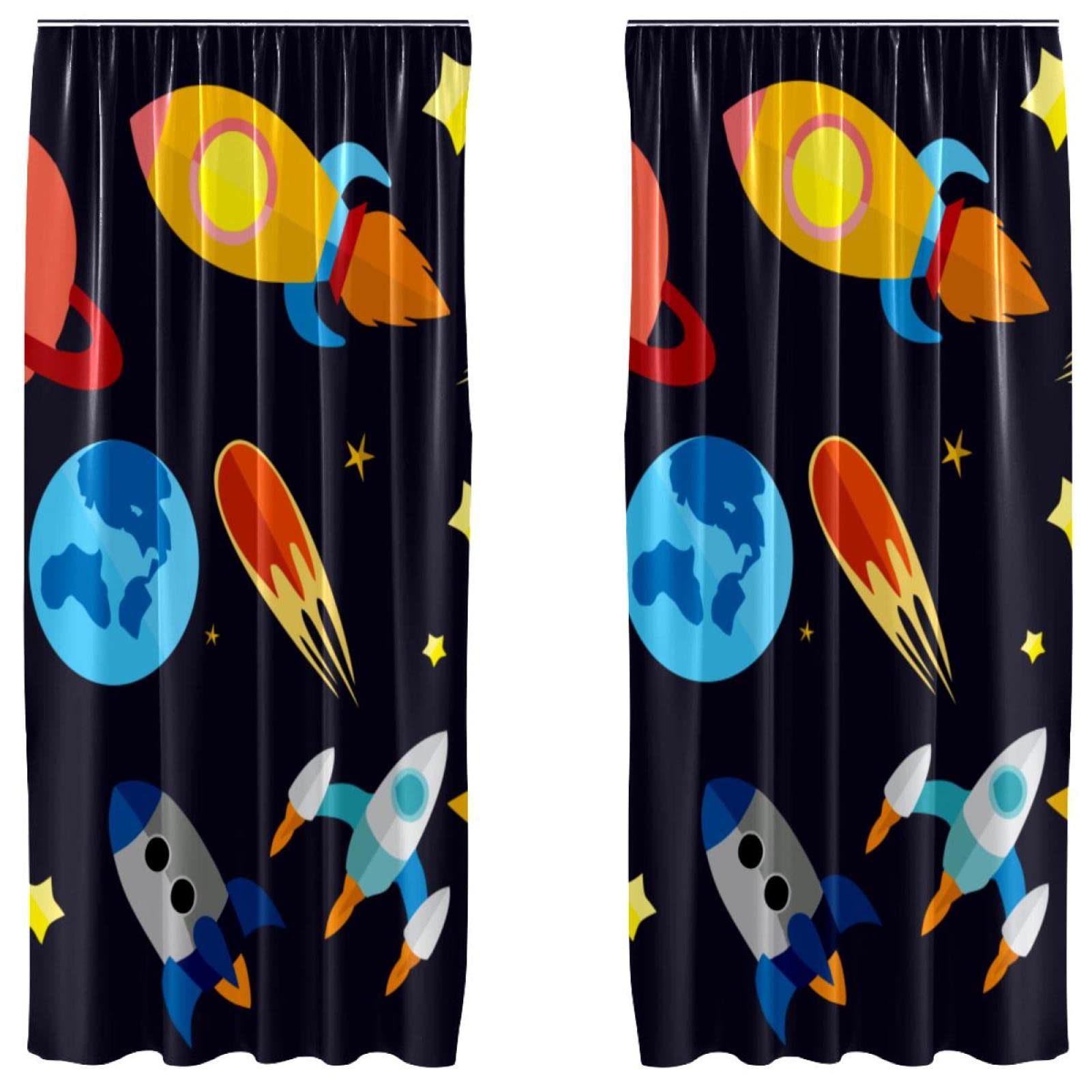 Rideaux vaisseau étoilé et planète 140x213 cm | Lot de 2 voilages légers pour chambre d'enfant