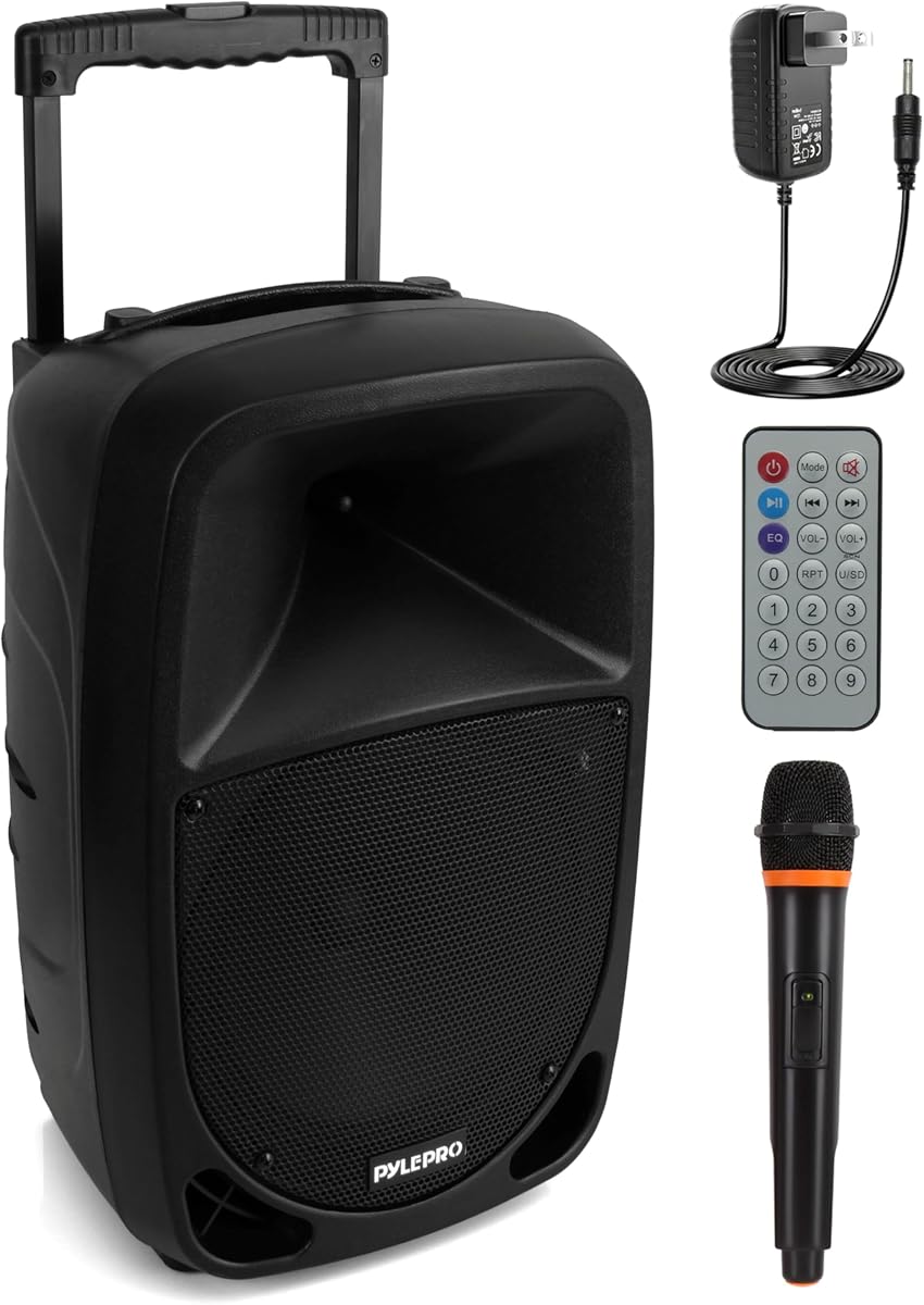 PSBT105A - 1000W Portable Bluetooth PA Speaker, 10'' Subwoofer, UHF Wireless Mic, MP3/USB/SD, Rechargeable Battery, LED Battery Indicator Lights, Black