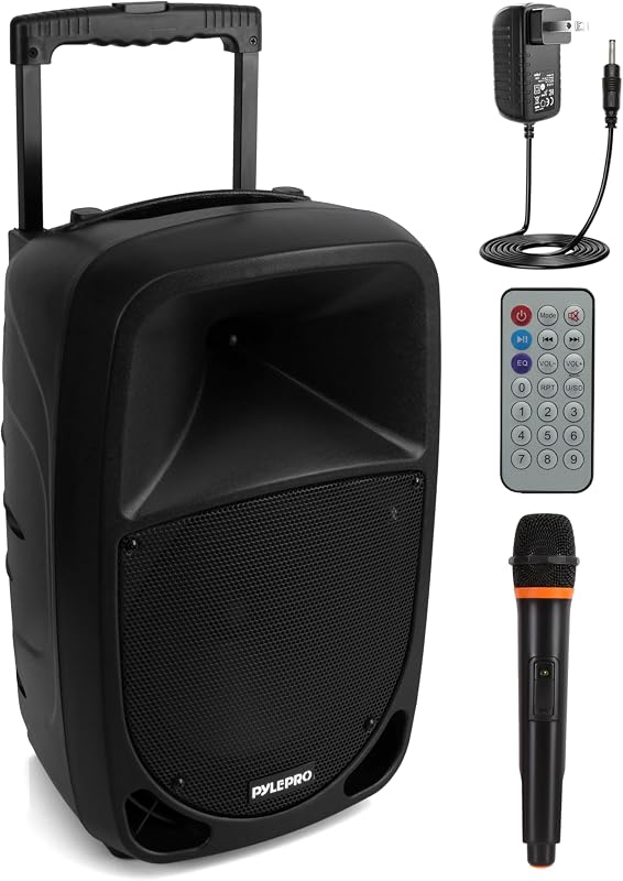 PSBT105A - 1000W Portable Bluetooth PA Speaker, 10'' Subwoofer, UHF Wireless Mic, MP3/USB/SD, Rechargeable Battery, LED Battery Indicator Lights, Black