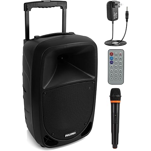 Pyle PSBT105A - 1000W Portable Bluetooth PA Speaker, 10'' Subwoofer, UHF Wireless Mic, MP3/USB/SD, Rechargeable Battery, LED Battery Indicator Lights, Black