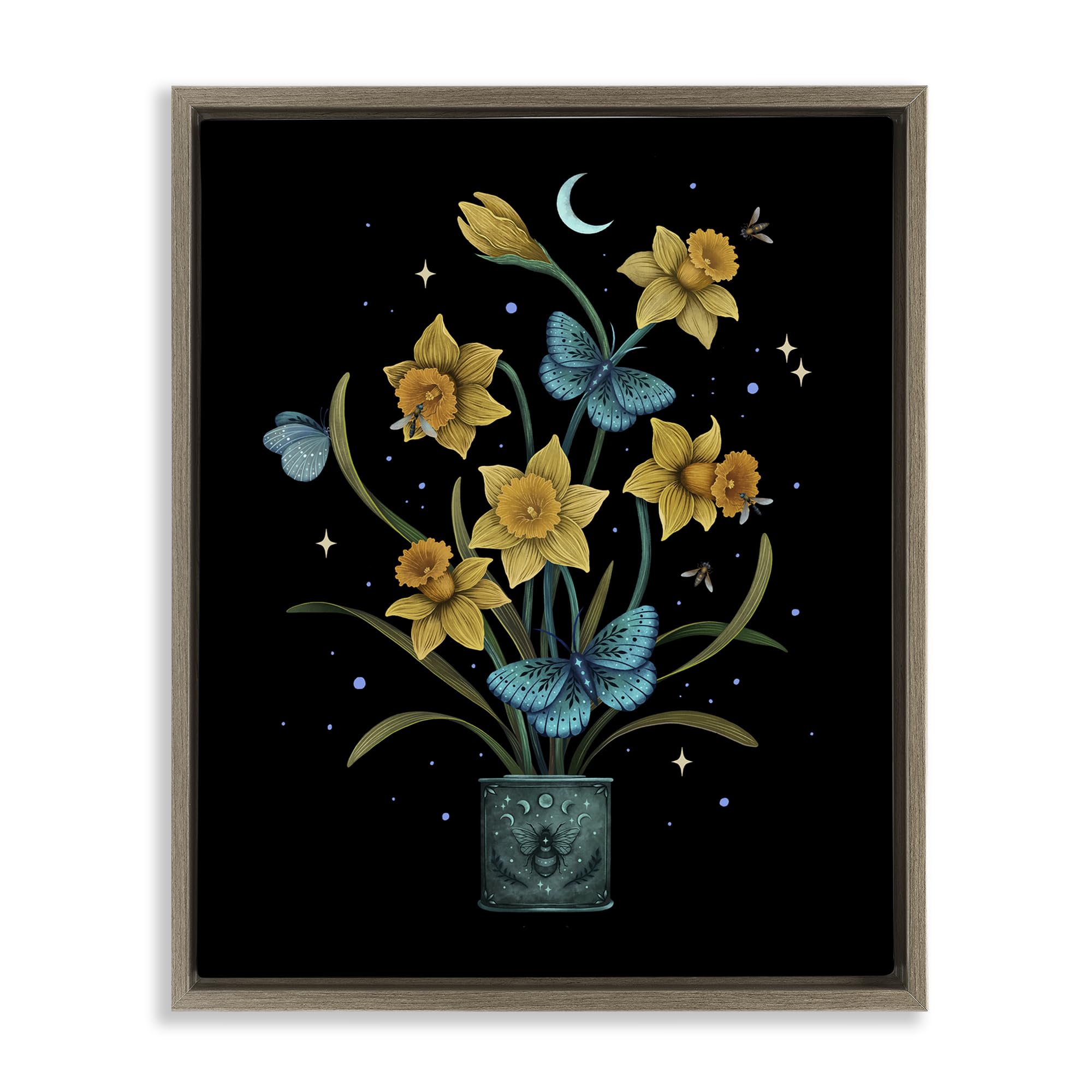 Stupell Industries 'Mystical March Daffodils', Floating Frame Canvas Art, Brown, 25 x 31 Inches, Easy to Hang and Sturdy, Made in USA, by Episodic Drawings