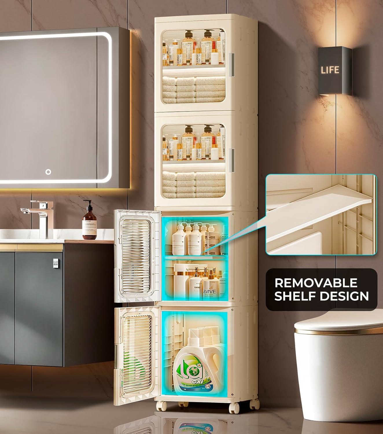 4-Tier Tall Narrow Bathroom Storage Cabinet with Doors and Adjustable Shelves Slim Foldable Cabinets with Wheels Small Spaces Plastic Organizers for Kitchen Laundry Room Bedroom Pantry,Beige