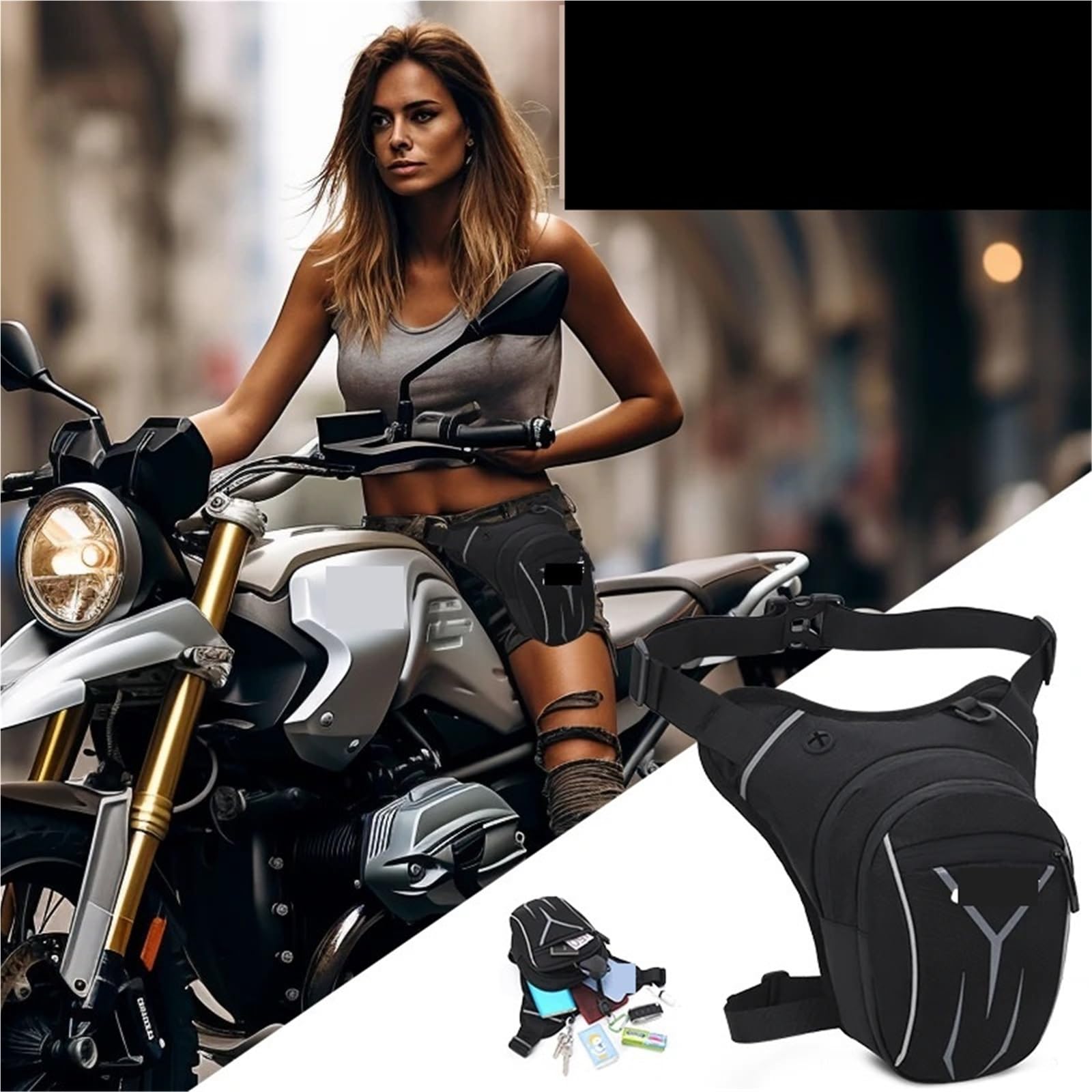Bolsa Pierna Moto Riñonera for Motocicleta, Tipo cinturón, for teléfono Masculino(Black)