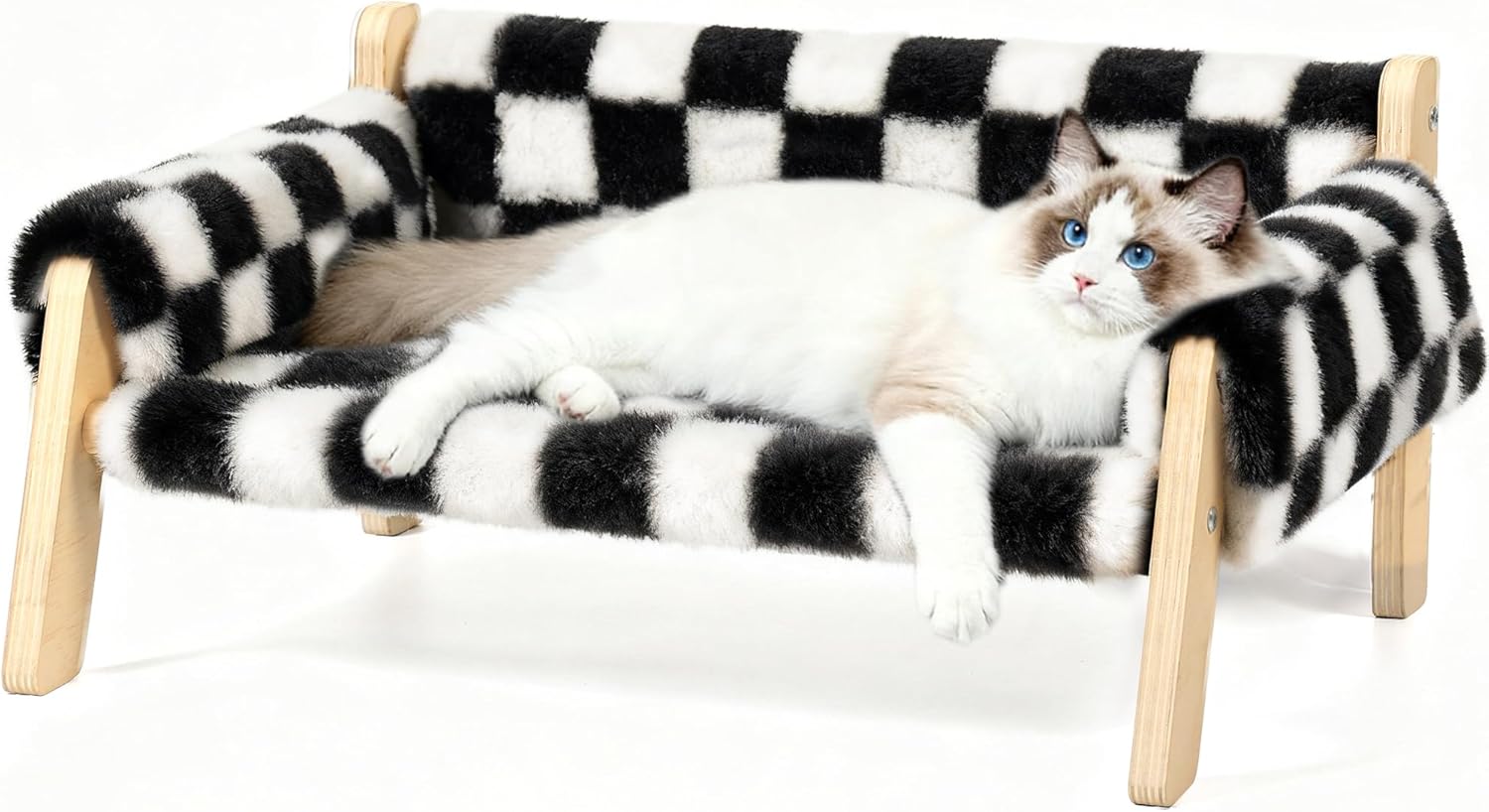 Elevated Cat Couch Bed for Indoor Cats - Wooden Pet Sofa with Removable Washable Thick Cover Raised Kitty Lounge Chair Suitable for Puppy or Small Animals(Cat Sofa Chessboard)