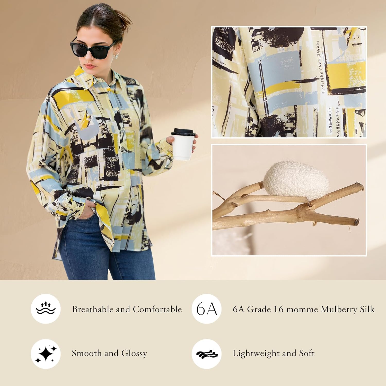 Womens 100% Silk Blouse Long Sleeve Oversized Button Down Shirt Boho Summer Fall Dressy Casual V Neck Boyfriend Tops - Image 4