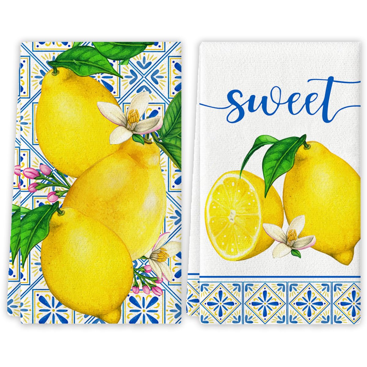 Summer Lemon Kitchen Towels Spring Italian Lemons Dish Towels Mediterranean Party Tea Towels Italy Lemon Decor Cyan-Blue T...