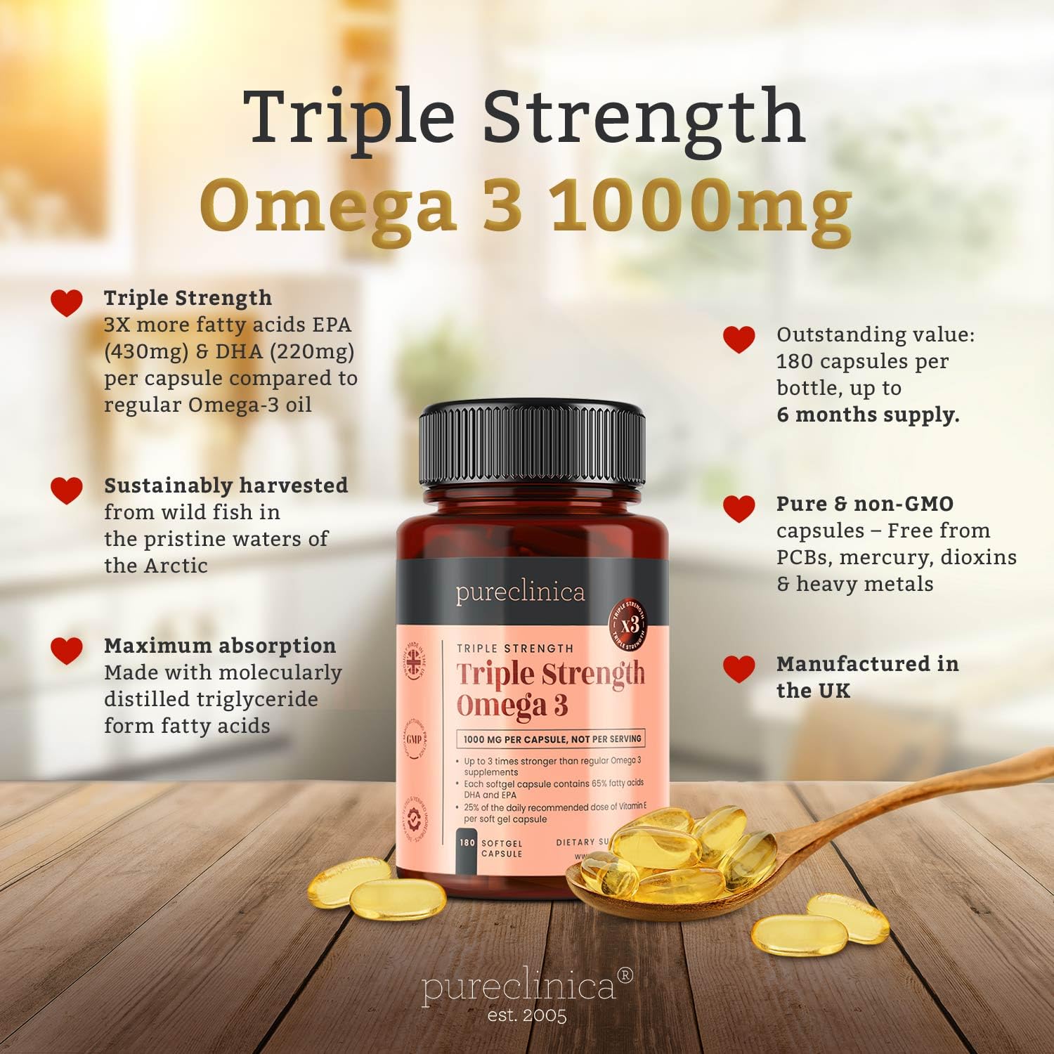 Triple Strength Omega 3 1000mg (720 Kapseln - 24 Monate Vorrat) - Dreifache Stärke der regulären Omega 3 Kapseln mit konzentrierten 650mg der Wirkstoffe DHA & EPA pro Kapsel