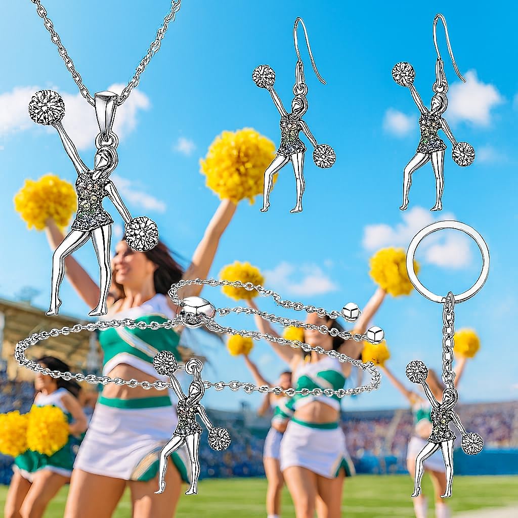 SUPAC Cheerleader Jewelry Set with Crystal Pendant Necklace, Bracelet, Earrings and Keychain, Silver