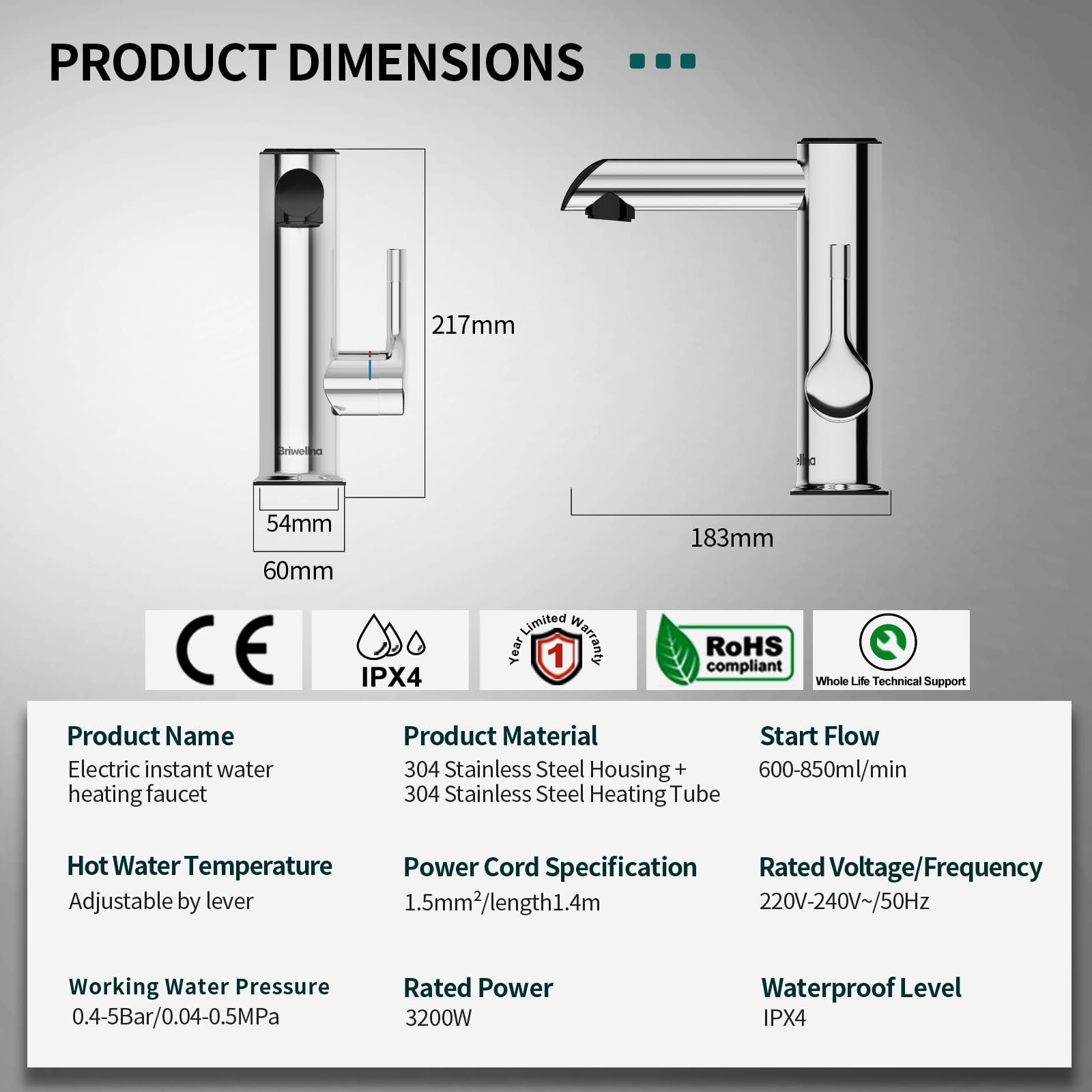 Edelstahl Elektrischer Wasserhahn, 220V Warmwasserhahn,Durchlauferhitzer Wasserhahn für Bad, Elektrische Armatur mit Digitalanzeige (Chrom)