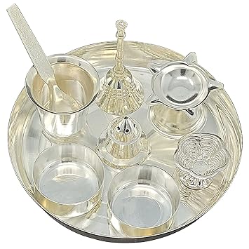 BENGALEN Pooja Thali Set Silver Plated 6 Inch Standard Puja Decorative Items for Home Mandir Office Wedding Return Gift Items