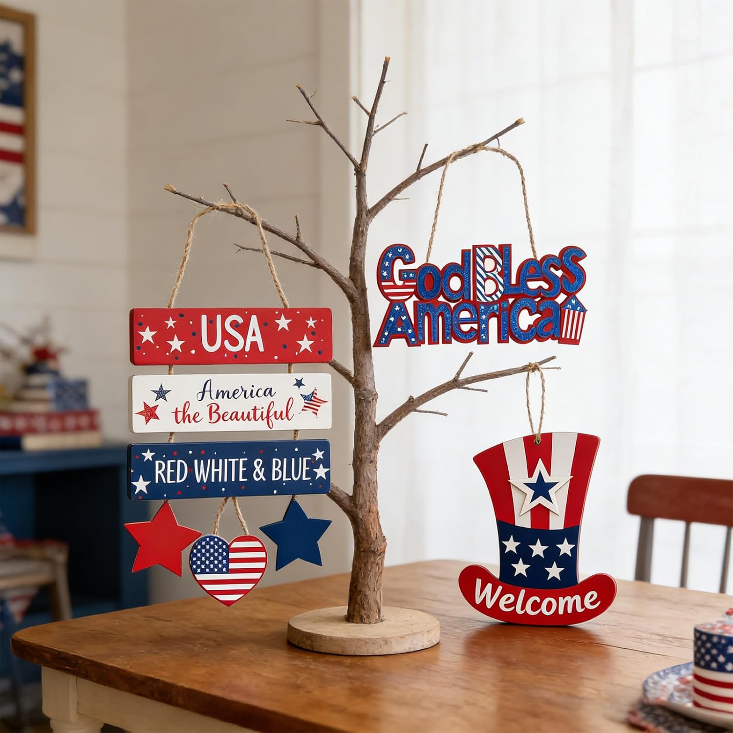 4th of July Wreaths Patriotic Wooden Hanging Signs, 3 Pcs USA Welcome Door Hangers with Star Heart, Red White Blue Independence Day Decor for Home Front Door Porch Party Memorial Day