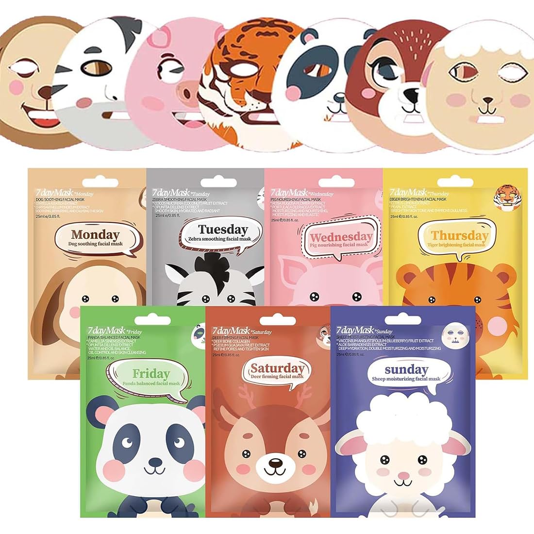 7 Pezzi Set Maschere Viso,Maschera Viso Tessuto,Maschera Viso Idratante,Maschere Per Il Viso Viene Fornito Con Graziose Stampe Di Animali,Adatto a Tutti i Tipi Di Pelle