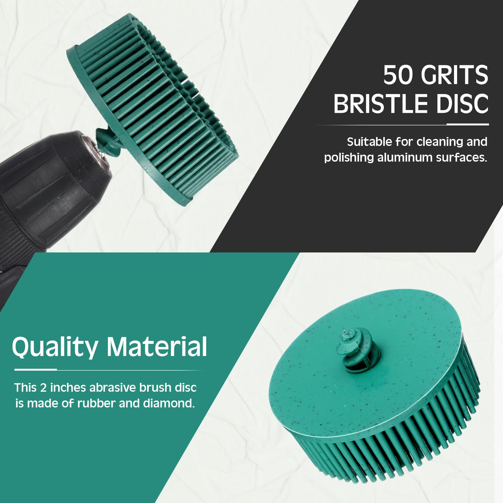 5 unidades de disco de cerdas de 5 cm, grano 50#, disco de eliminación de revestimiento abrasivo, cepillo eléctrico de desbarbado verde, cepillo de cerdas gruesas cónico para metal