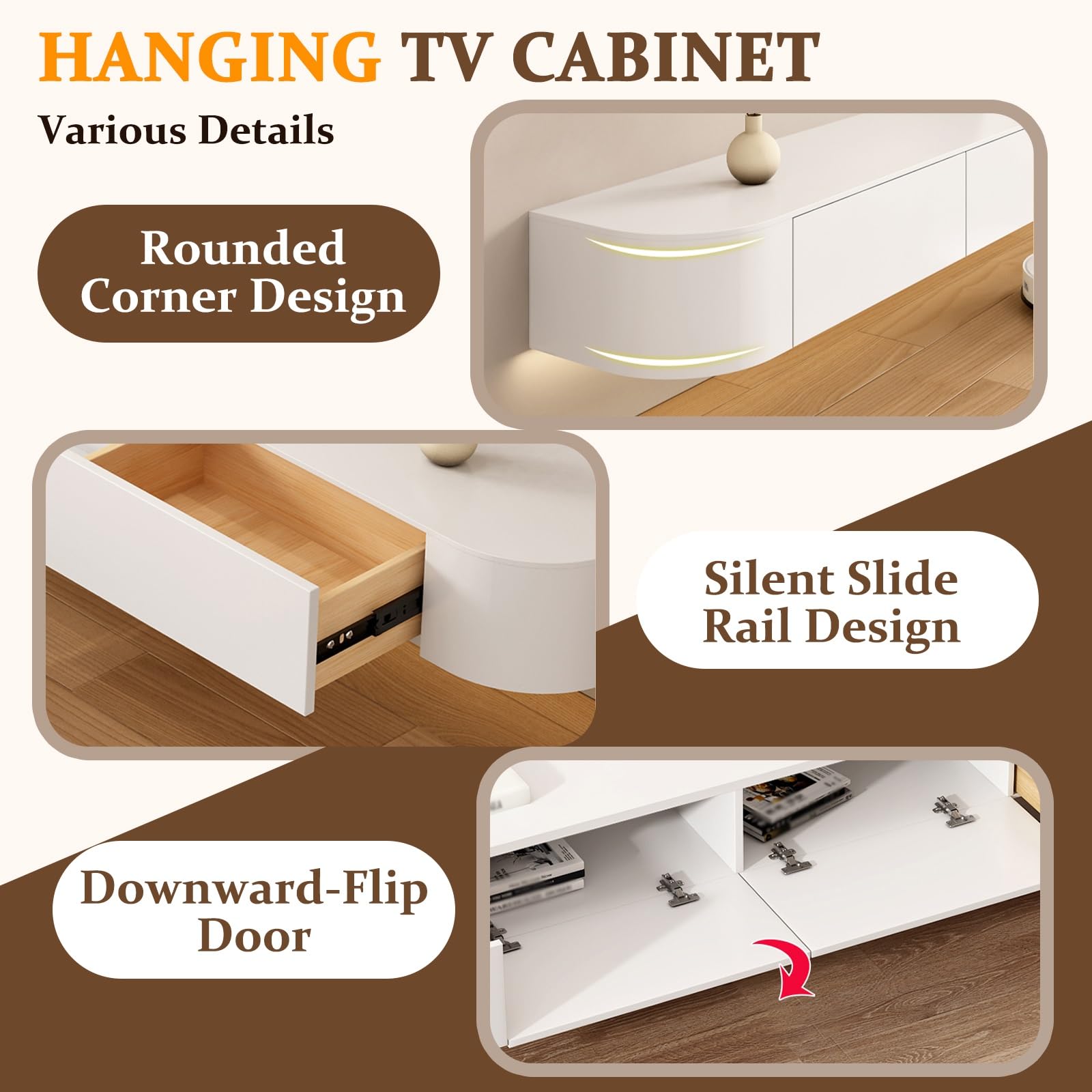 Wall Mounted TV Storage Cabinet With Door Large Storage TV Bench For Living Room & Office Modern Floating TV Unit With Drawer Sleek TV Cabinet For Apartments(White,180cm)