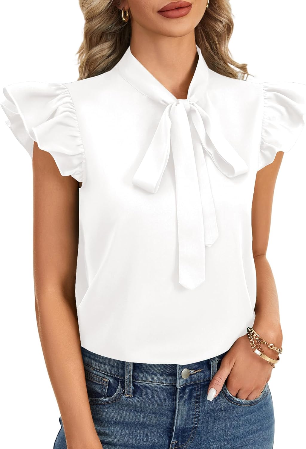 Rooscier Women's Bow Tie Neck Ruffle Cap Sleeve Elegant Office Blouse Shirt Tops - Image 3
